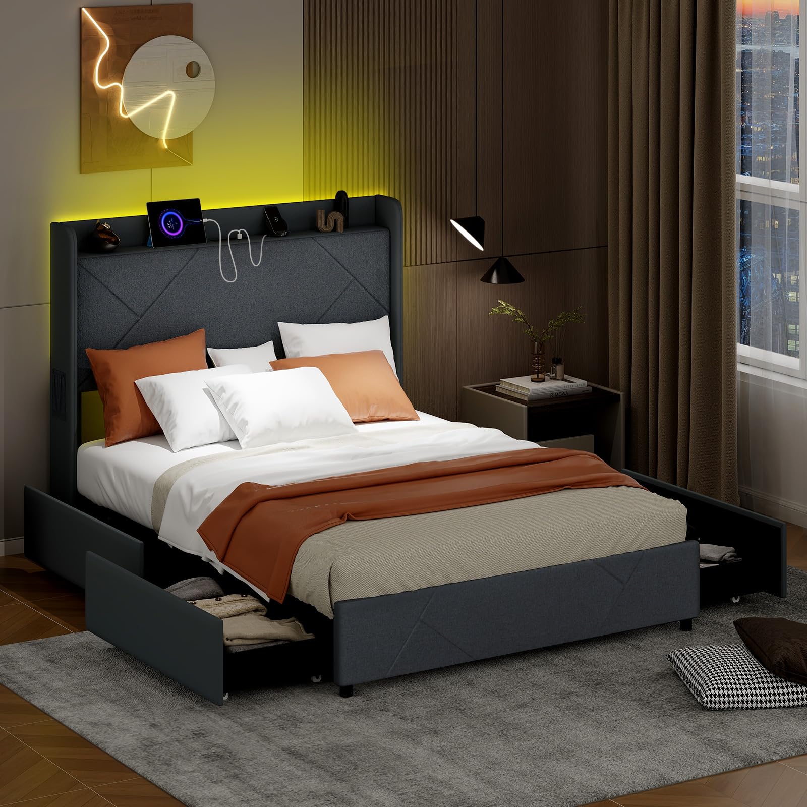 COSTWAY Letto Matrimoniale 140 x 200 cm, Letto Imbottito con Testiera, Luci LED, Stazione di Ricarica, 2 Tasche e 4 Cassetti, Carico 500kg, Silenzioso
