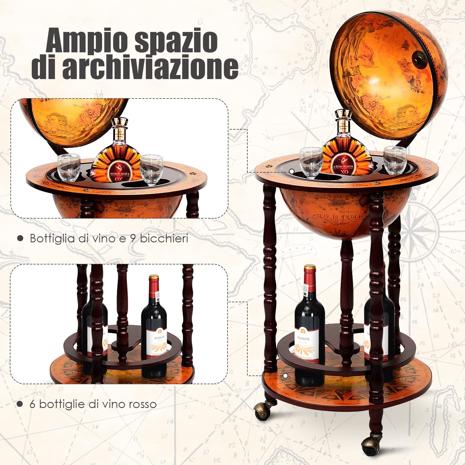 Generisch Globo Bar, Mondo in eucalipto, carrello da bar con ruote, stile retrò, per bicchieri da vino e bottiglie di vino (marrone)