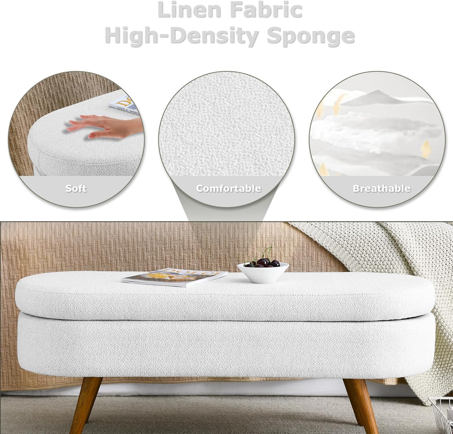 SoarFlash Ottoman Oval Storage Bench Linen Fabric Rubber Wood Legs（White）
