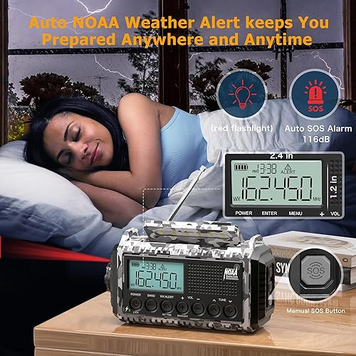 Miniatura 32 de Radio meteorológica de emergencia, manivela solar, funciona con pilas, radio de onda corta AM FM portátil con alerta NOAA, linterna, lámpara