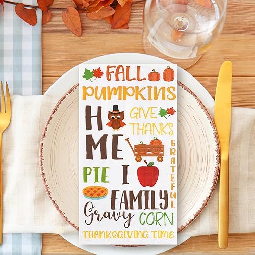 Miniatura 6 de Whaline Paquete de 100 servilletas de otoño para invitados de Acción de Gracias, servilletas desechables con palabras de Acción de Gracias, para