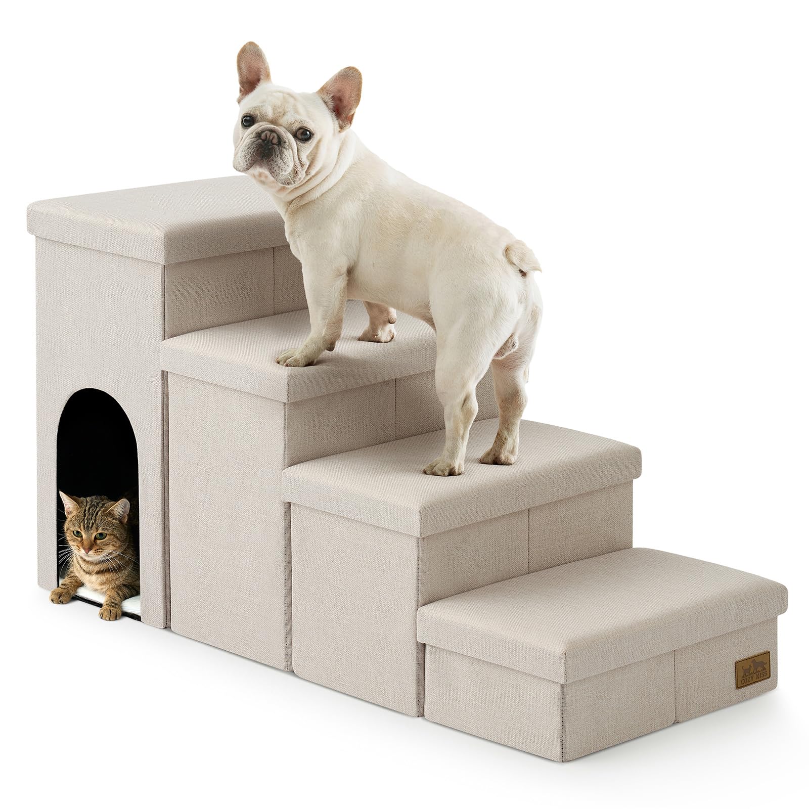 COZY KISS Dog Stair for Small Dogs with Storage, Foldable Pet Step with Leakproof Cover, Older Cat Ramp for Chair Couch Sofa, Lightweight, Comfort (Beige, Condo(109x43x58cm), 4)