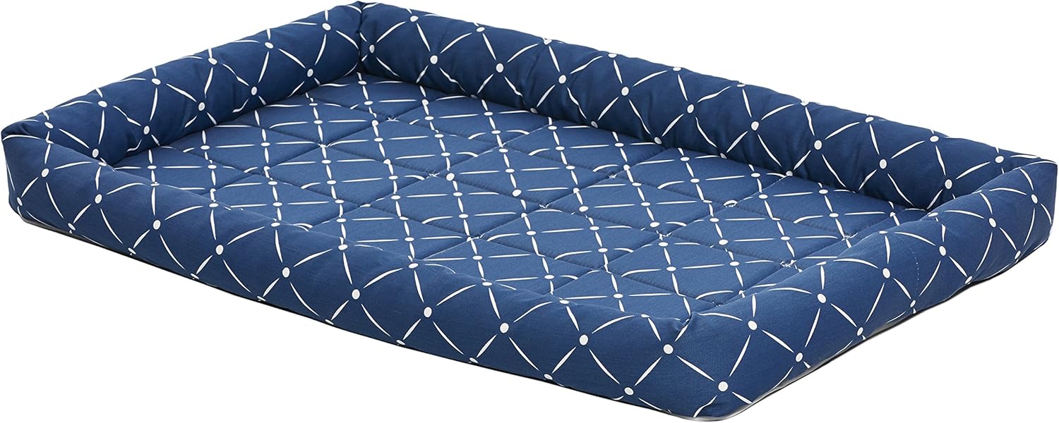 MidWest Homes for Pets 40236-BLD Quiet Time Couture Ashton Bolster Pet Bed, Intermediate Dog/36, Blue, Blue & White Diamond Pattern
