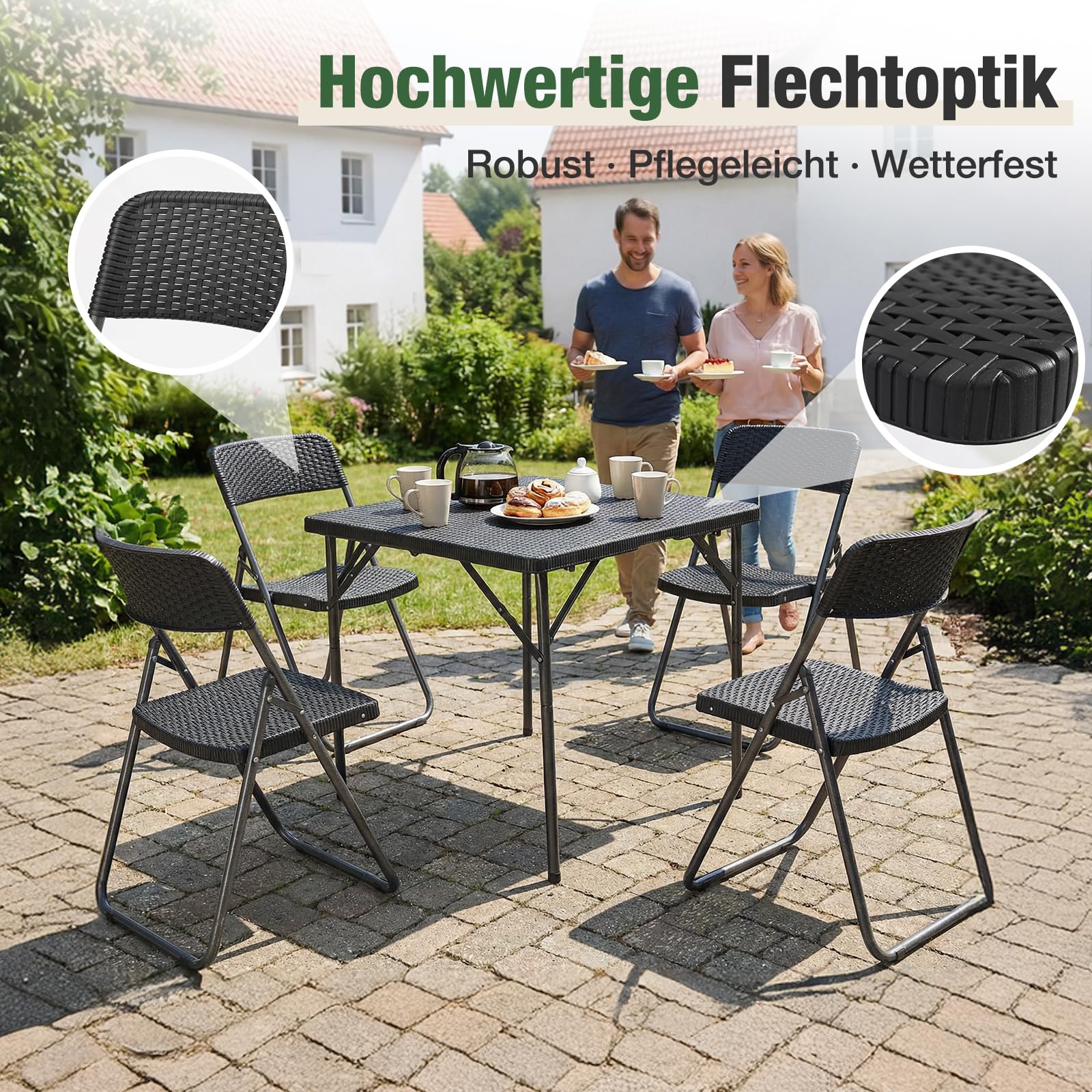 Sekey Gartengarnitur Set, Garten-Essgruppe 4 Personen, Balkonset Balkonmöbel Set 4 Stühle mit Tisch, Klappbar Gartentisch mit Stühlen Set Terrassenmöbel für Terrasse, Balkon, Bistro, Garten