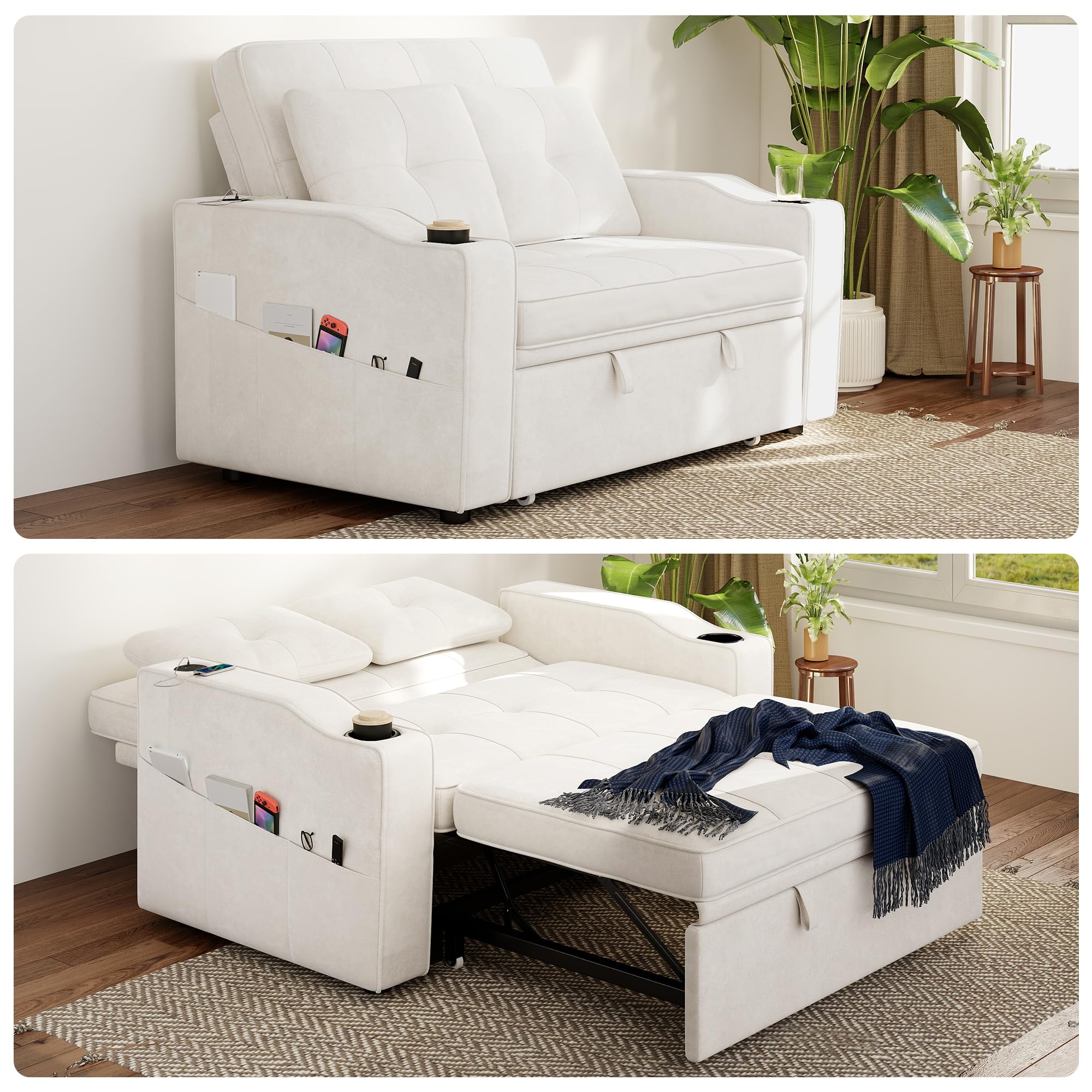 Real Relax Sofa Bed, 3-in-1 Convertible Sleeper Sofa with USB Charging Ports, Loveseat Pull Out Couch with 5 Level Adjustable Backrest, Cup Holders