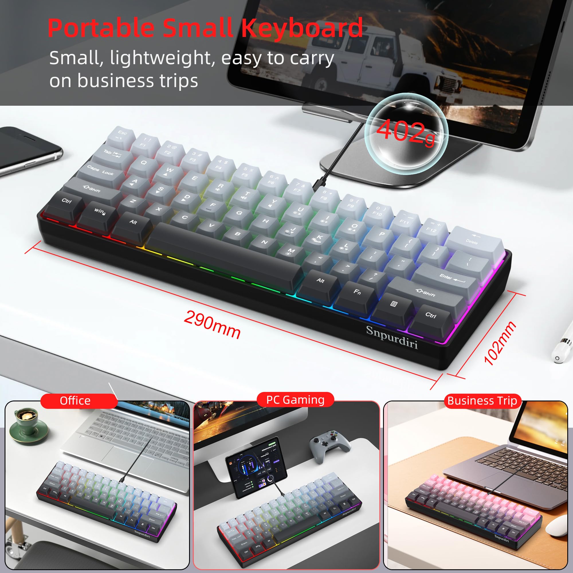 Snpurdiri 60% Wired Gaming Keyboard, 61 Keys RGB (Grey-Black) view 7