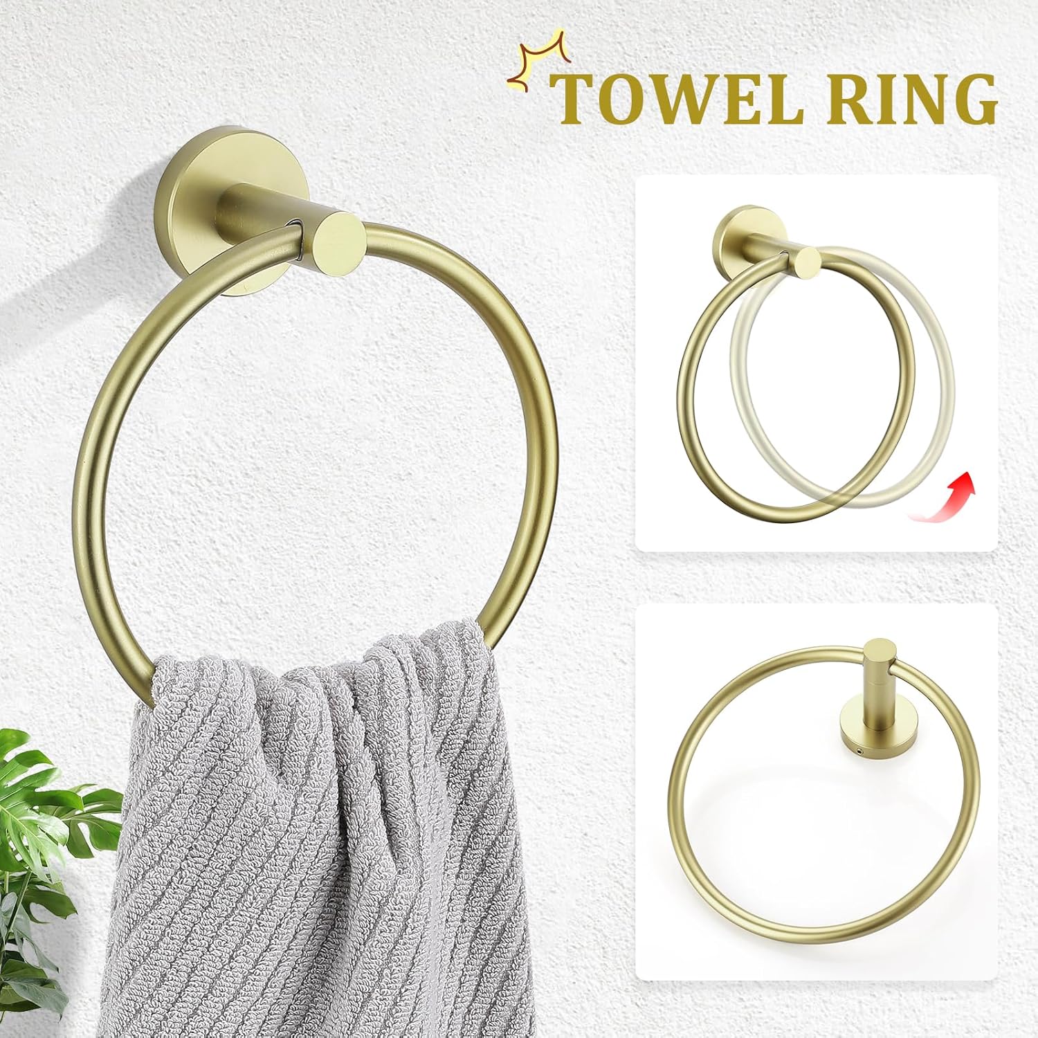 Brushed Gold Stainless Steel Wall Mounted Towel Ring Set