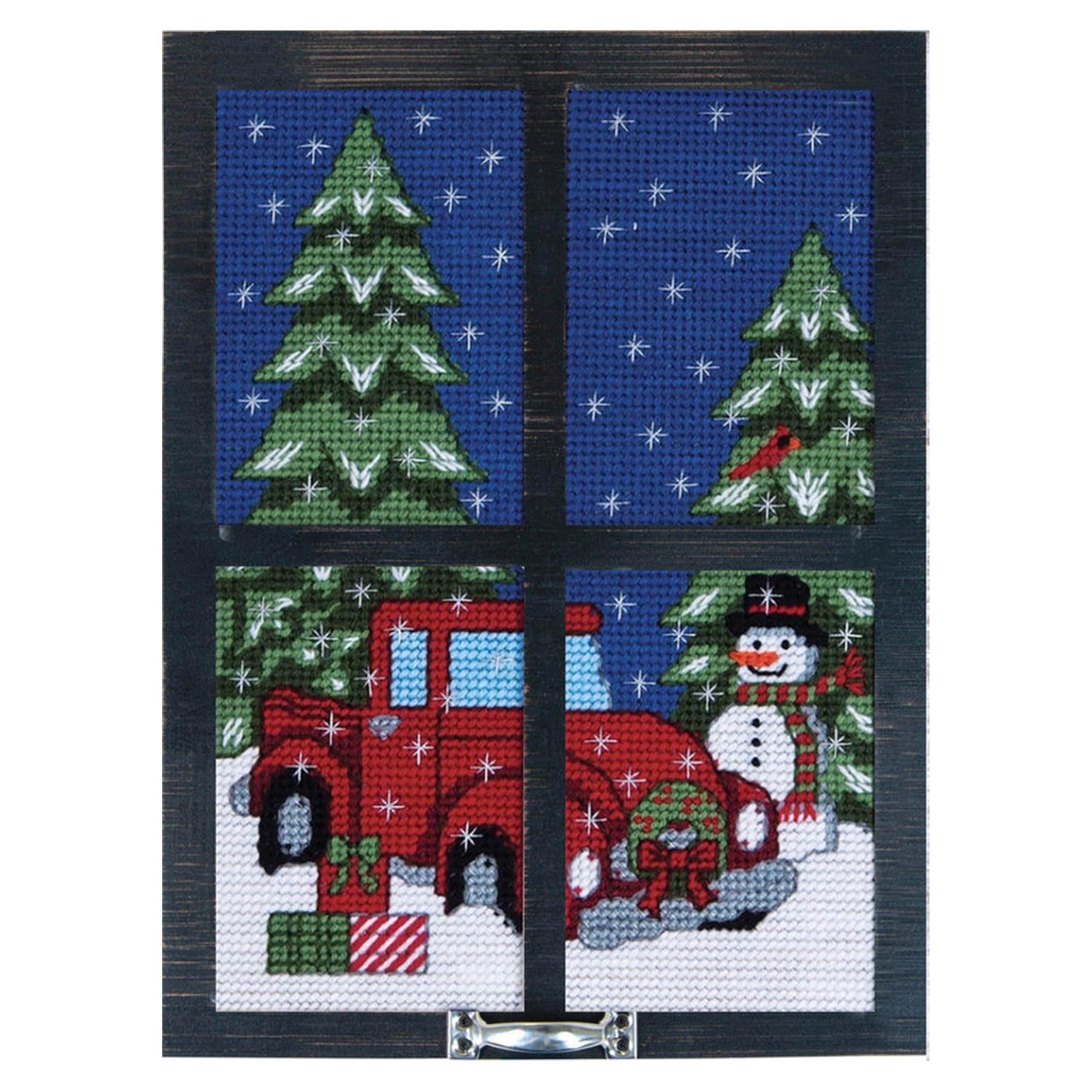 Winter Days Window Frame Plastic Canvas Kit, DIY Framed Christmas Wall Art, Includes 7 Mesh Canvas, Acrylic Yarn and Black Wooden Frame, Finished Size 12" x 16"