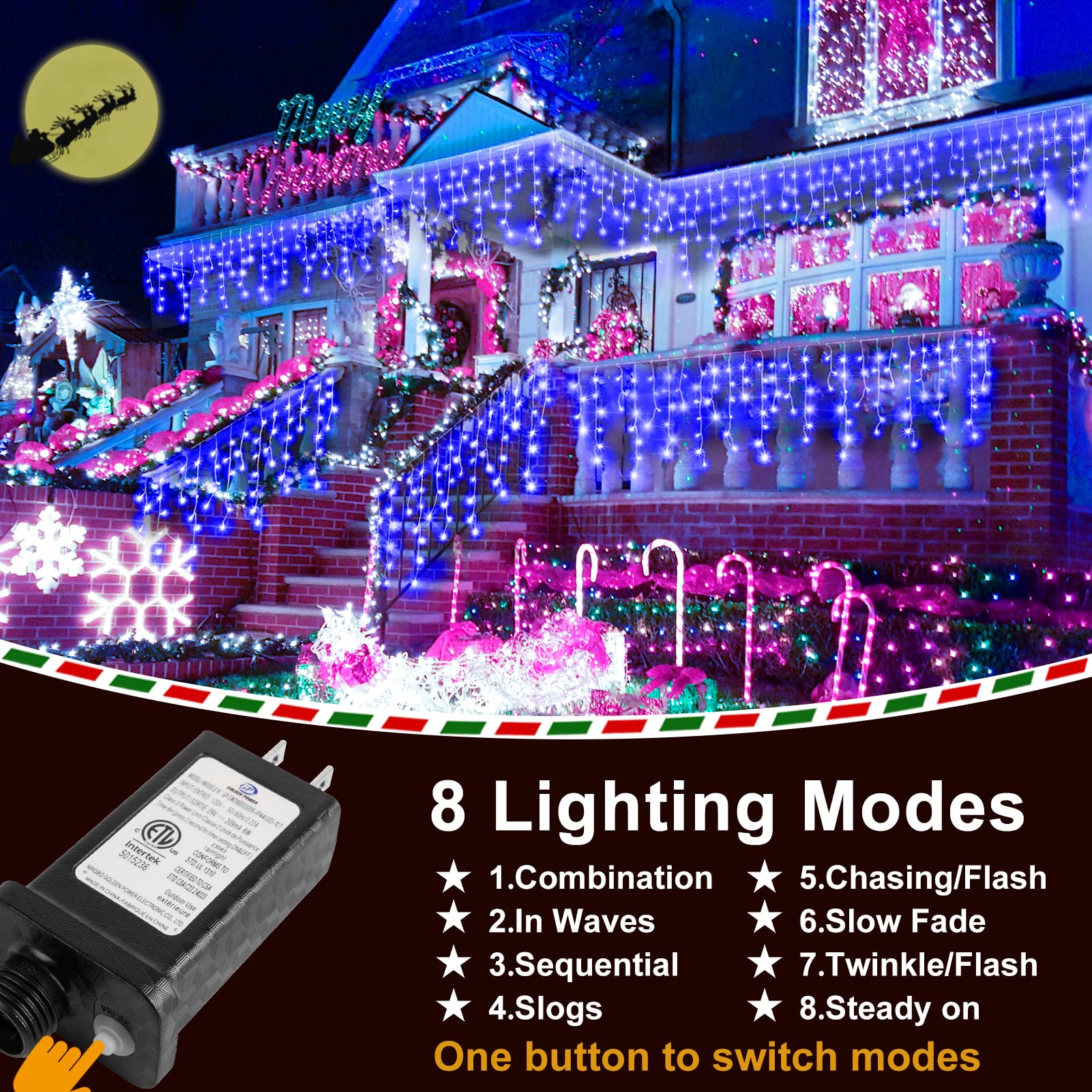 KNONEW Luces LED de Navidad, 100 pies 1216 LED 8 modos, cortina de hadas de alambre transparente LED String Decoración para Navidad, Acción de Gracias Halloween Fiesta Fondos Decoraciones (azul)
