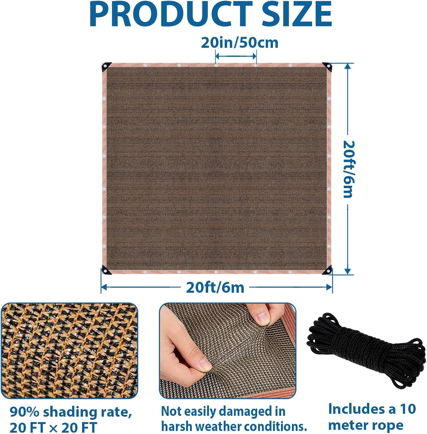 90% Outdoor Sun Shade Cloth, 20 x 20 FT Pergola Shade Cover with Grommets, Privacy Screen Sunshades for Patio Garden Backyard Plant, Mocha