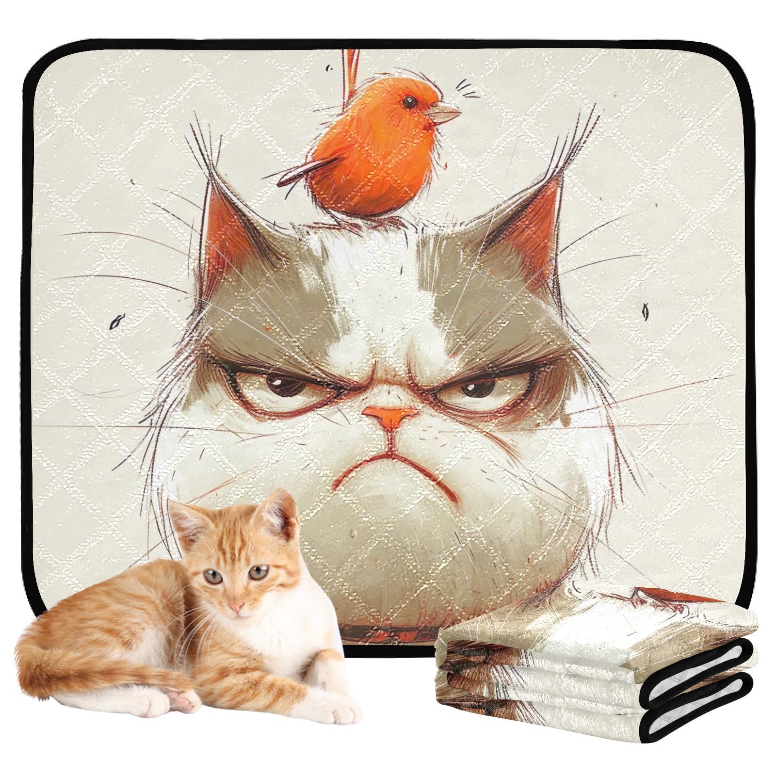 TSENQUE Pet Washable Dog Pee Pads Cute Grumpy Cat Cartoon Pet Pee Pad Extra Large Waterproof Mats Non Slip Absorbent Dogs Potty Pad, Small x 3 Pack