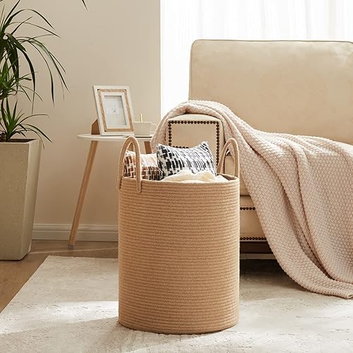Miniatura 4 de Fiona's magic 72L Canasta grande tejida para lavandería, cesta alta de almacenamiento de cuerda de algodón, canasta de cáñamo para guardería de bebé