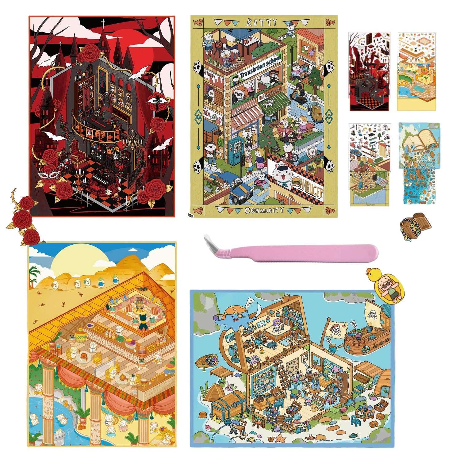 4 Sets Large Size 3D DIY Sticker Scenes with Tweezers,Fun DIY 3D House Stickers Make Your Own Miniature Shop Scene Pyramid Treasure Island for Adult Therapy Relief Stress Pass The Time