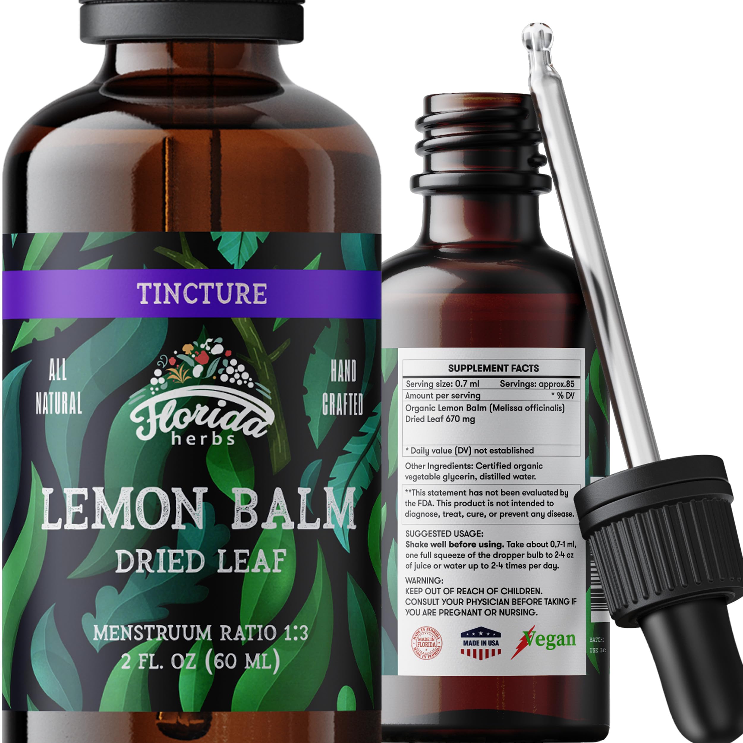 Lemon Balm Tincture 2 oz – Organic Herbal Extract | Alcohol Free | Vegan Herbal Drops 2 Fl Oz (Pack of 1)