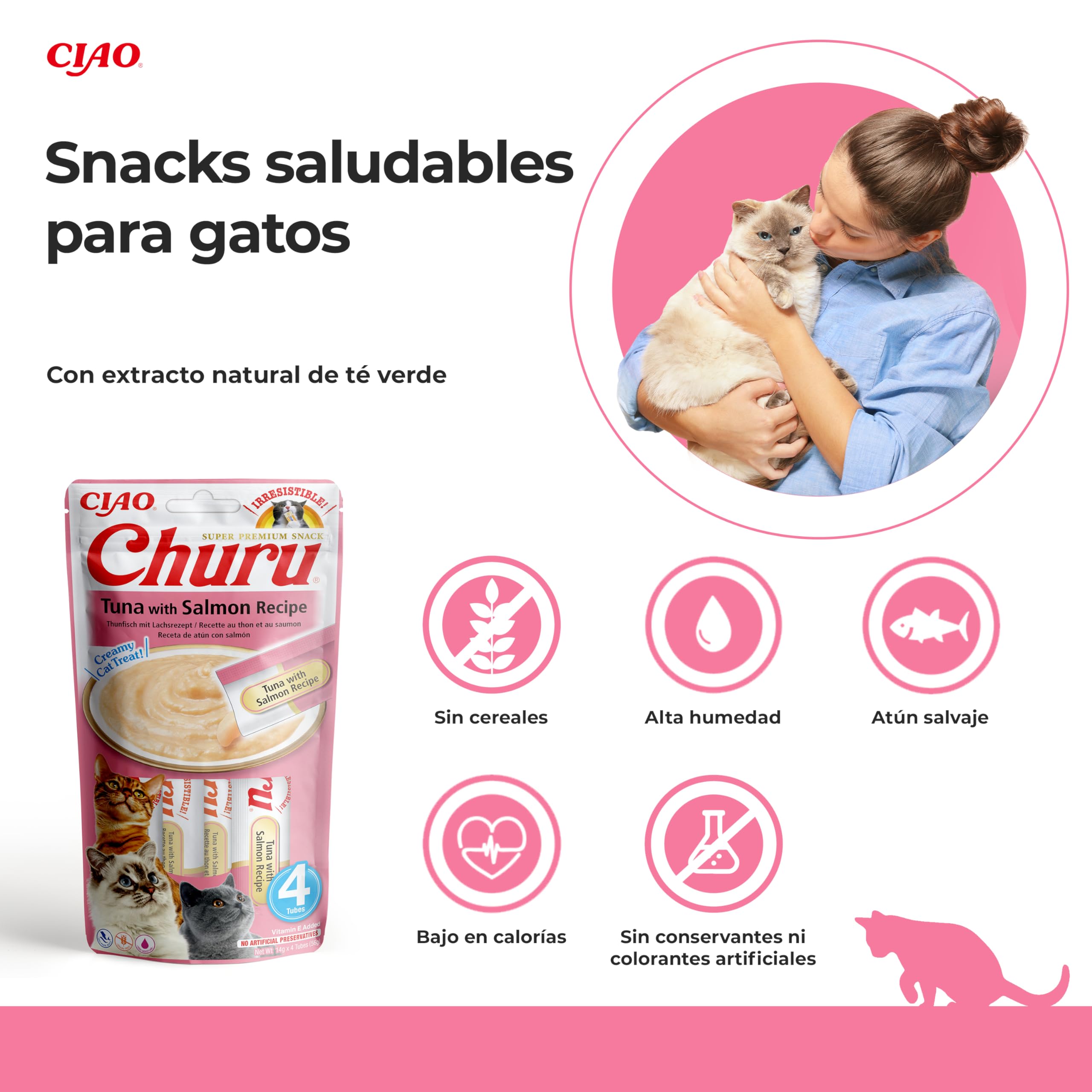 INABA Churu Gatos - Snacks Saludables - Receta de Atún con Salmón - Premios con Textura Cremosa - Sin Cereales, Sin Conservantes, Sin Colorantes - Sólo 6 Cal - 56g (4 Tubos x 14g)