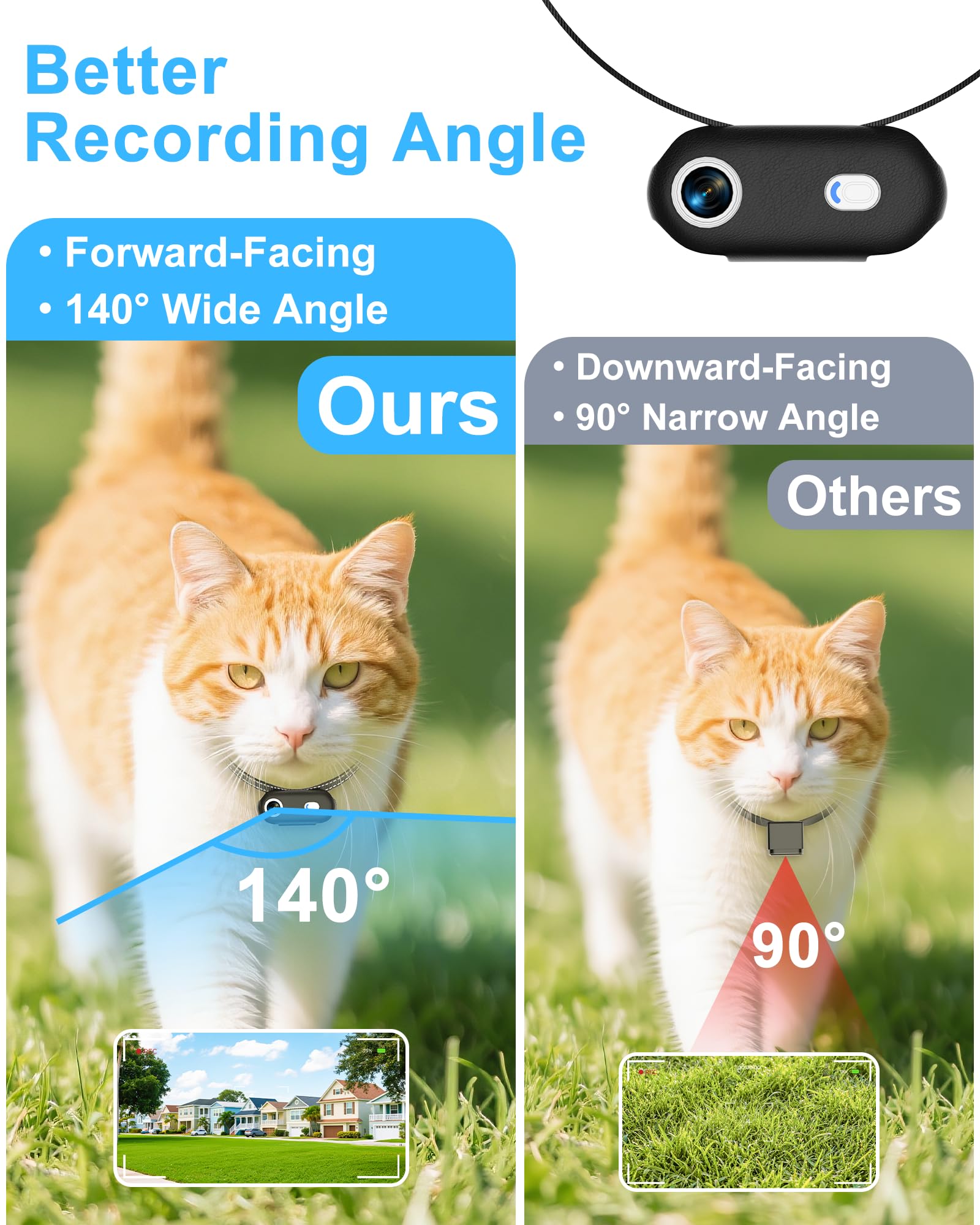 Collare per fotocamera per cani e gatti con app per telefono, registrazione video HD 1080p, telecamera POV per animali domestici XS/M, per cani e gatti grandi, telecamere senza fili con