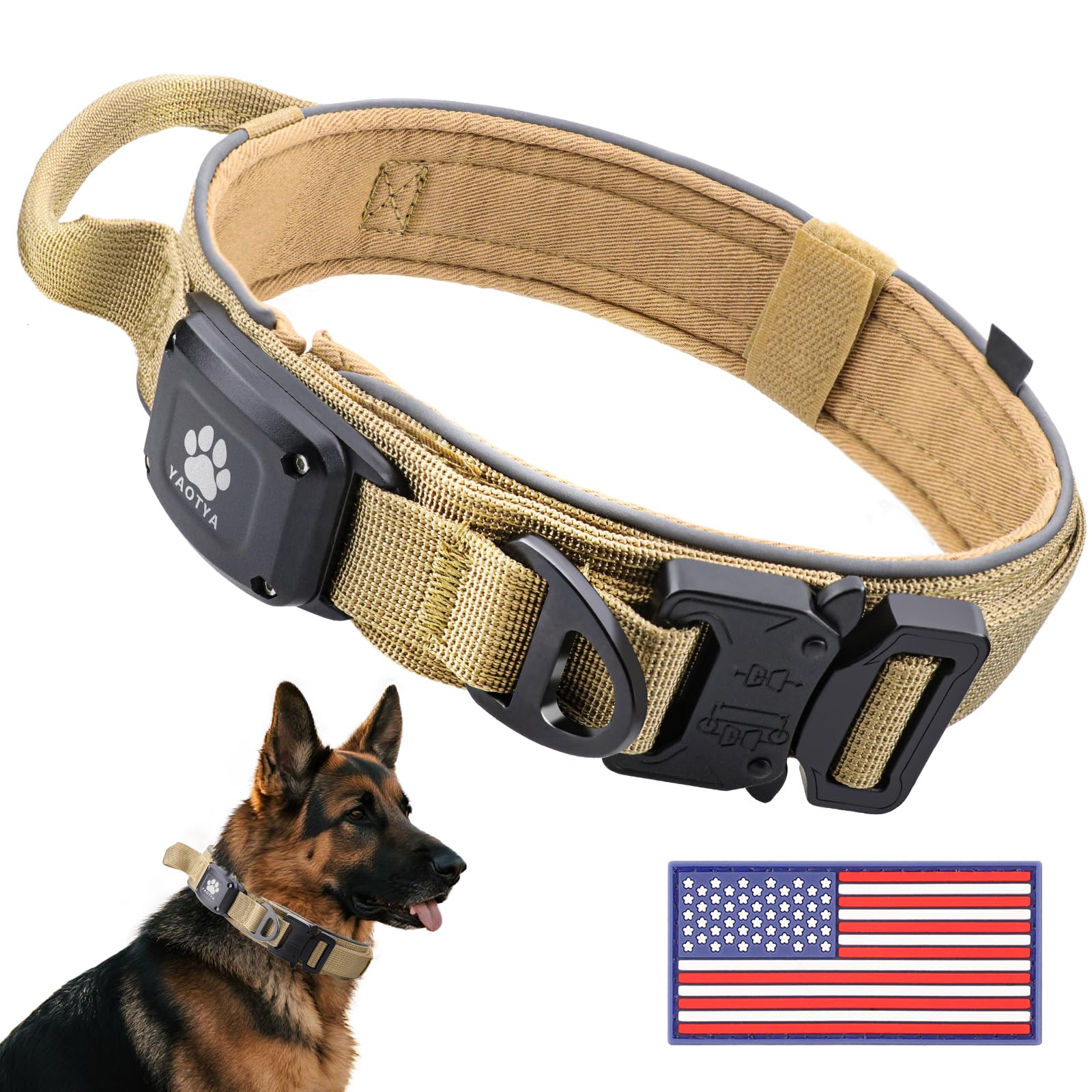 Photo 1 of 2026 Upgrade Dog Collar with IPX8 Waterproof AirTag Holder,Military Tactical Comfortable Control Handle and Ultra-Durable Metal Buckle/Night Reflective,GPS Collar for Medium to Large Dogs?Khaki/M?