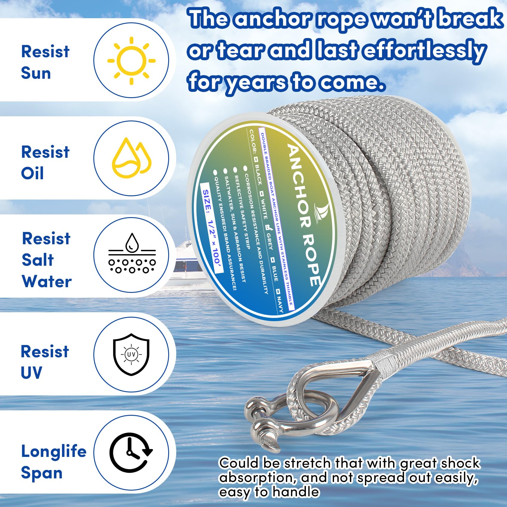 Snapklik.com : VEITHI Boat Anchor Rope 100 Ft X 1/2 Inch Grey, Double ...