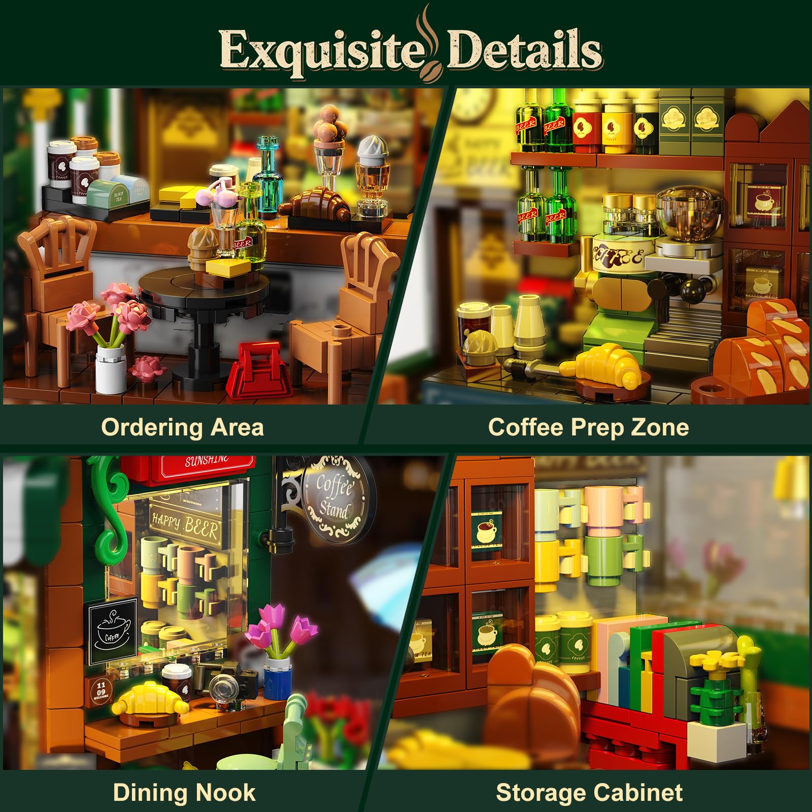 INSOON City Street - Set da costruzione per casa da caffè con luci, 1493 pezzi, stile retrò, con design apribile, modello per caffetteria, decorazione domestica, regalo per adulti, donne, adolescenti