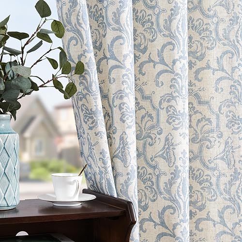 jinchan Curtains for Bedroom, Light Filtering 63 Inch Length 2 Panels Set, Baroque Style Linen Blend Drapes Living Room, Vintage Damask Window Treatments, Grommet Top Blue on Flax, W52 X L63
