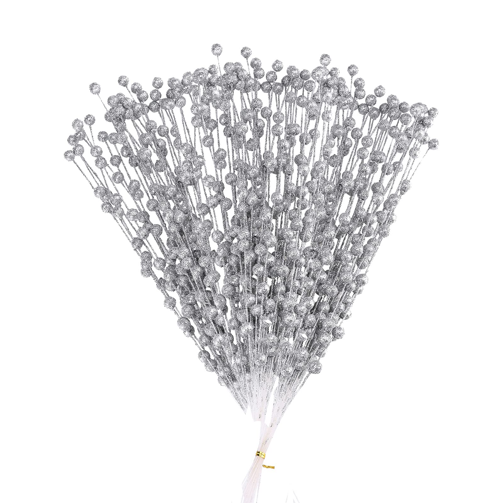 ASSR 100Pack Christmas Glitter Berries Stems,15.7in Fake Christmas Picks Glitter Sticks,Artificial Fruit Berry Picks for Xmas Tree Ornament -Silver 210712XU03-2-2#KTP28 13.8-15.7in