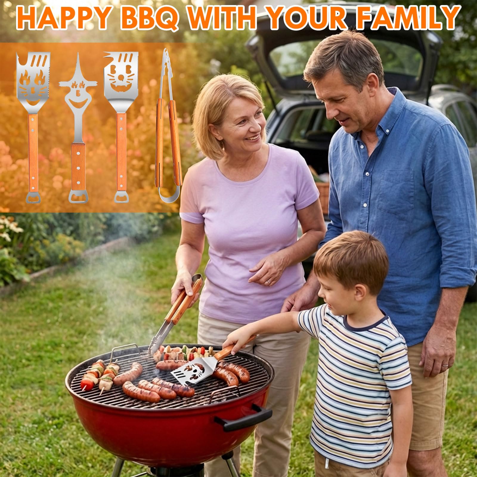 Ensemble d'ustensiles de barbecue en acier inoxydable 4 pièces avec pinces, spatule, fourchette à viande, manches en bois