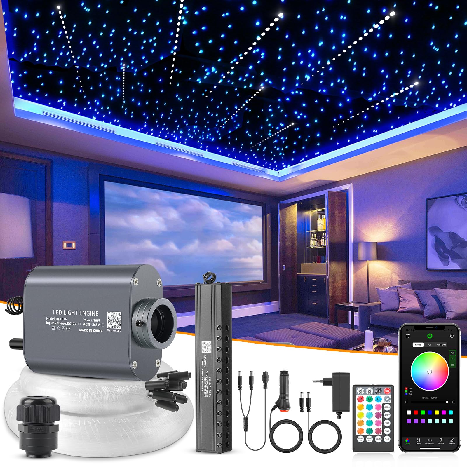 Meteor 16W fibra óptica led, luces de fibra óptica con modo Bluetooth/Remoto/Música, Cable de fibra 450pcs*0.75mm*3m+kit de estrella fugaz para techo de coche