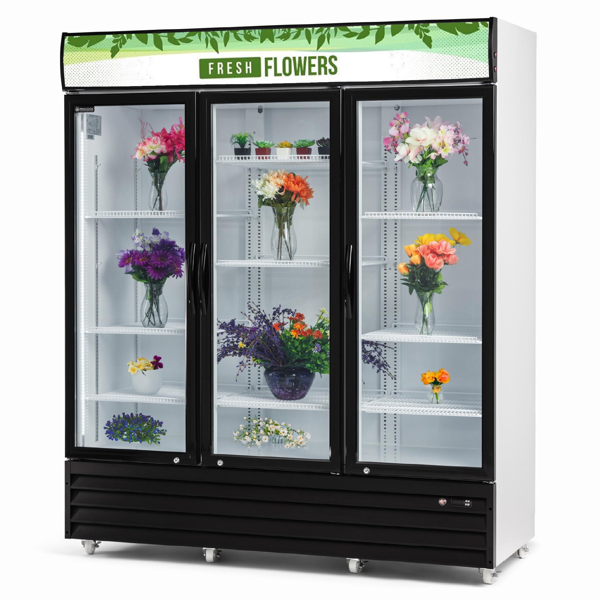Procool 3-Door Floral Cooler - 53 Cubic Ft, 68” Wide, Energy Efficient Flower Fridge With Glass Doors, Illuminated Sign, White Interior & LED Lighting