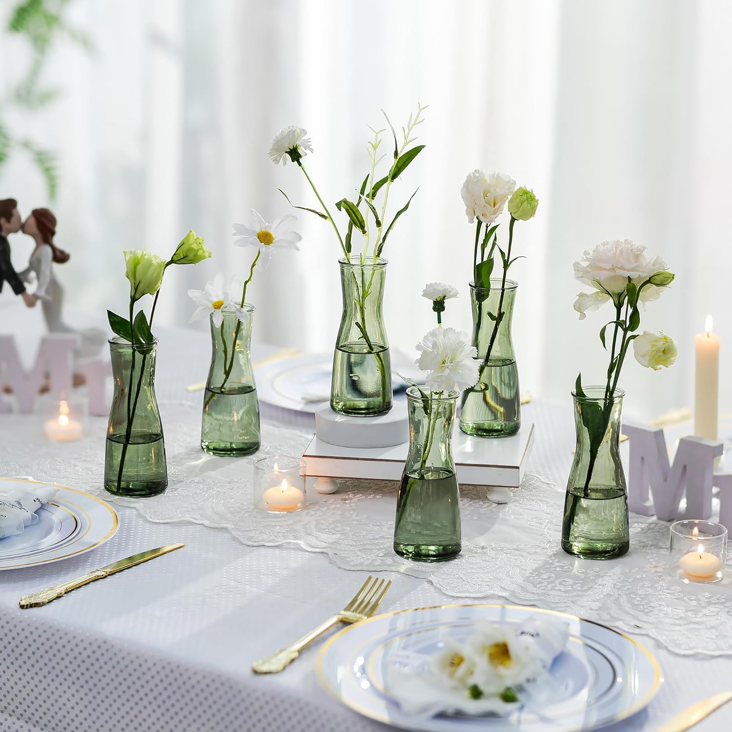 Glasseam Glass Bud Vases for Centerpieces: Clear Flower Vase Set of 12 Modern Small Vases for Flowers Minimalist Cute Decorative Vases for Decor Wedding Table Dining Room Decoration Green - Image 2