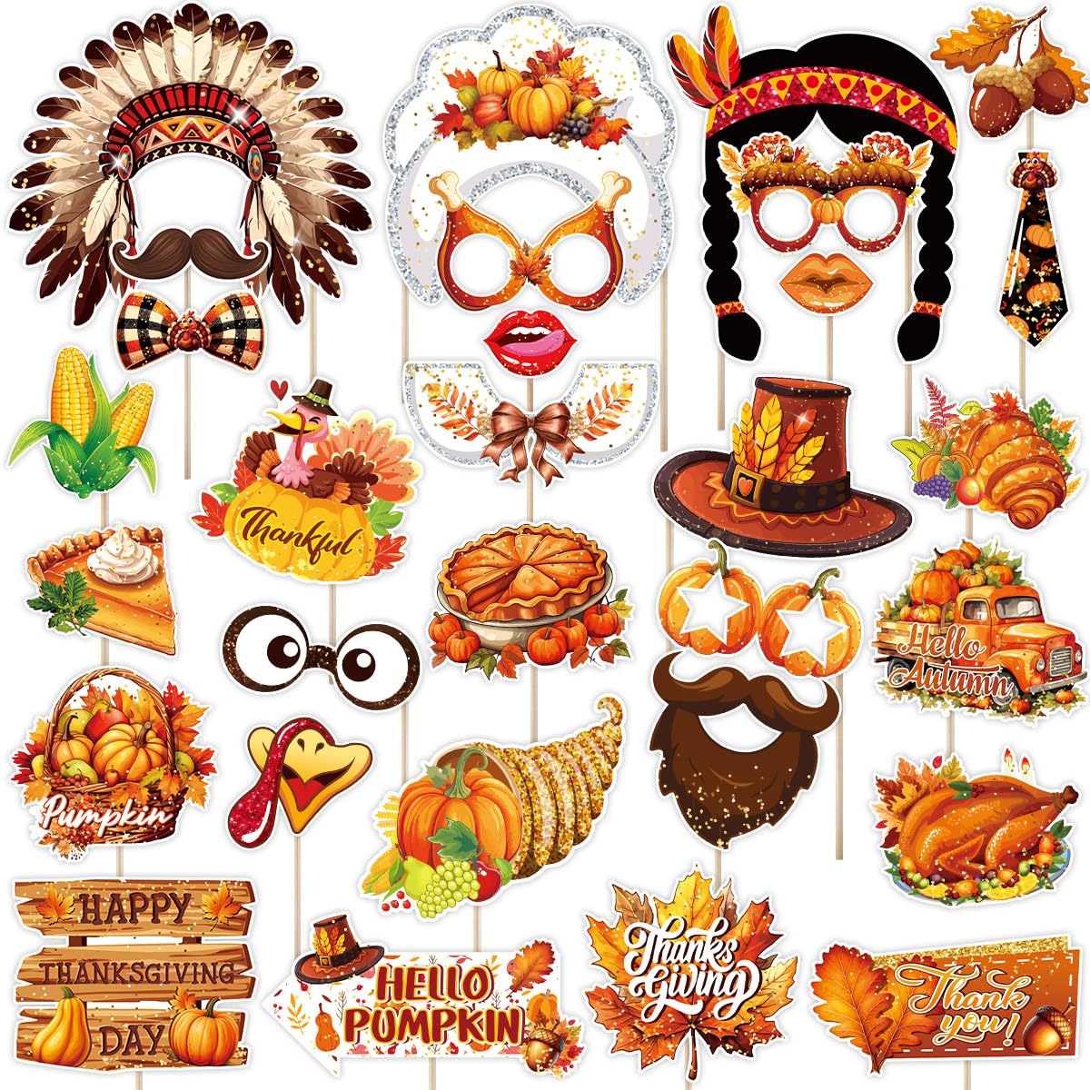 30pcs Fall Thanksgiving Day Photo Booth Props Kit for Thanksgiving Day Party Decorations, Funny Turkey Day Selfie Props Fall Harvest Turkey Pumpkin Maple Pattern Thanks Fall Harvest Photography Decor