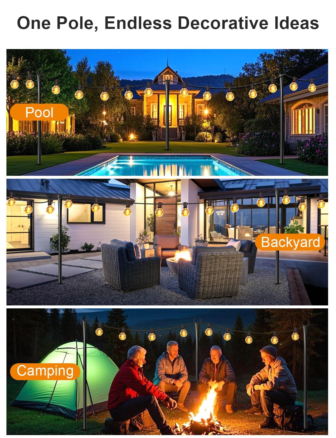 Paquete de 4 postes de luz de cadena de 10 pies para exteriores, poste de luces de metal grueso para colgar al aire libre con tenedor, accesorios de poste colgante de iluminación para decoración de