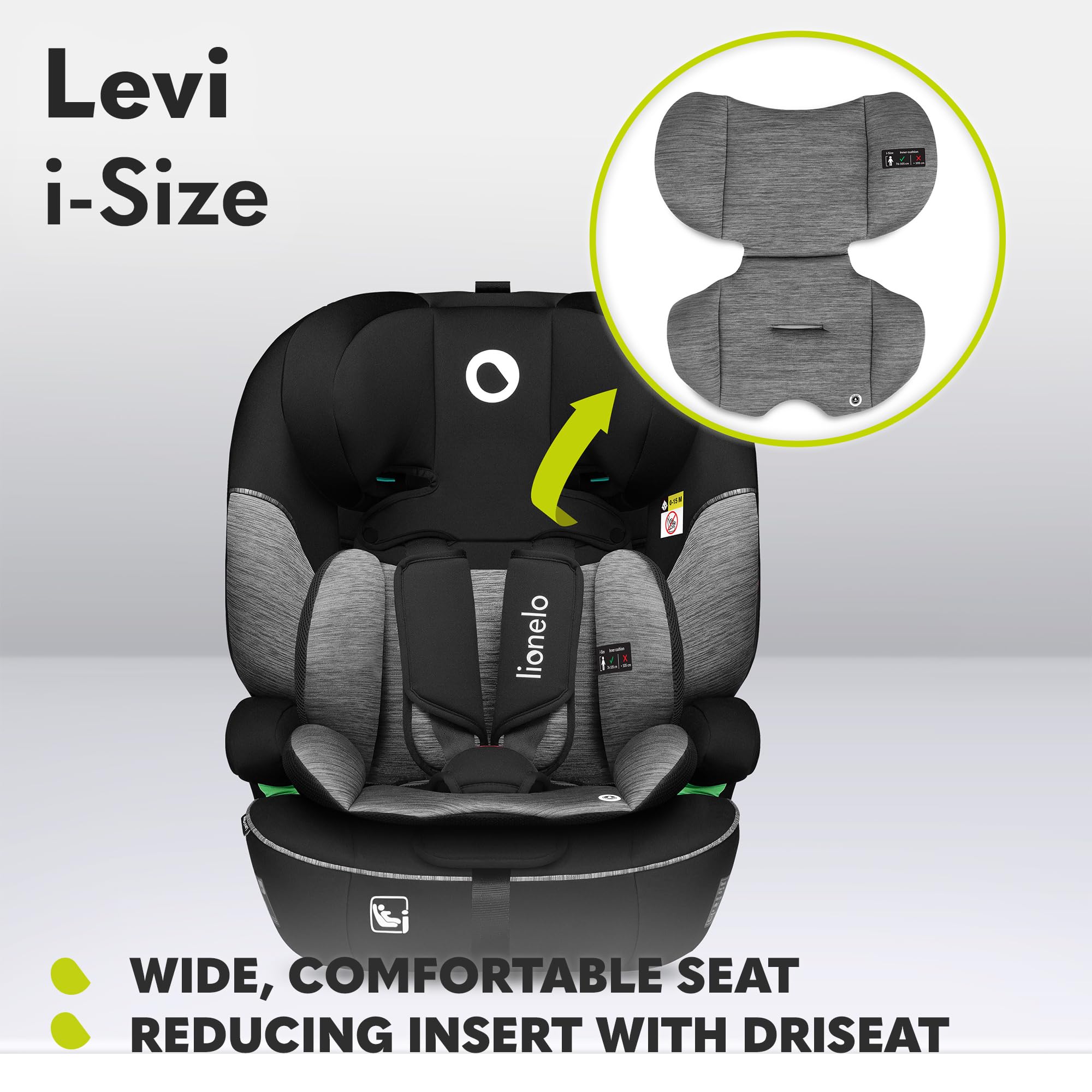 LIONELO Car Seat LEVI I-Size for baby 9-36 kg, Grows with Your Child from Infant to 12 Years Old, ‎10-Level headrest, Enhanced Side Protection, Armrests, Easy Install & Wash, Insert DriSeat, Certified — view 7