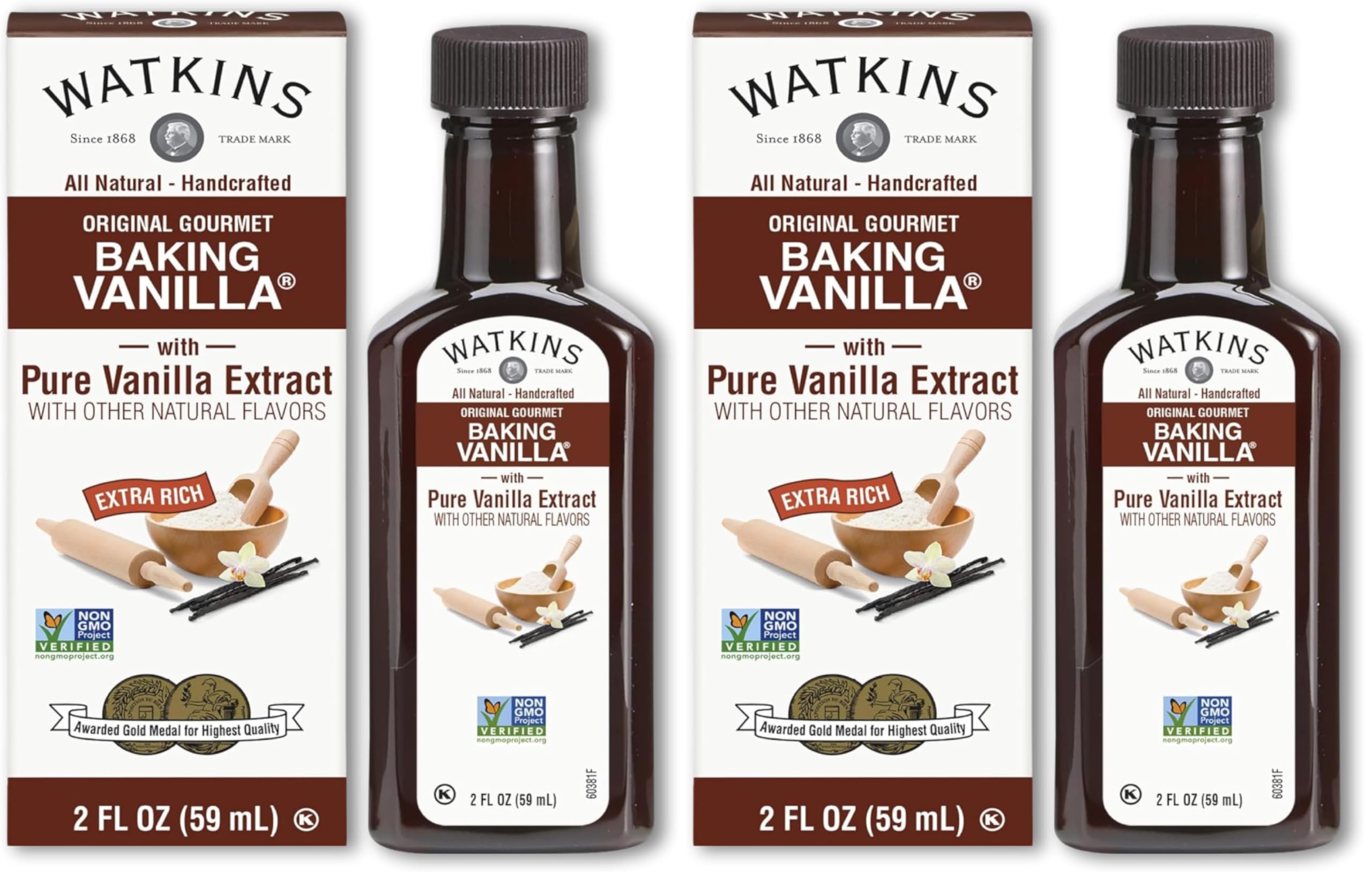 Watkins All Natural Original Gourmet Baking Vanilla with Pure Extract, 2 fl. oz. Bottle, 1-Pack (Pack of 2)