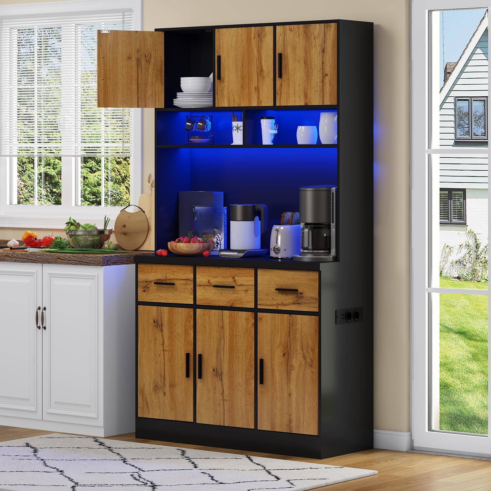 LAKFEW Alacena de Cocina con Enchufe y Iluminación LED, Armario Cocina con 6 Puertas y 3 Cajones, Alacena Cocina con Estantes Ajustables y Dispositivo Antivuelco, 100x40x180 cm, Negro+Natural