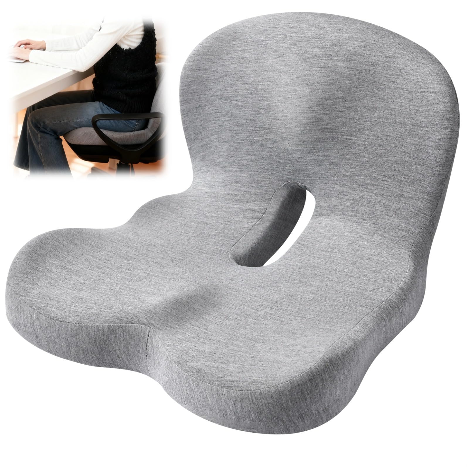 SWEWARM Car Seat Cushion, Ergonomic Memory Foam Cushion for Lumbar Support, Non-Slip Breathable Fabric, 15.7 x 16.9 x 11.4 in, Ideal for Office and Car Use, Gray