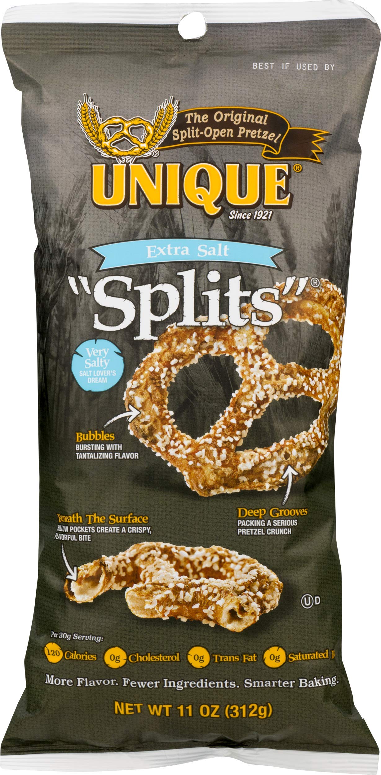 Unique Pretzels - Extra Salt Splits Pretzels, Delicious Vegan Snack Pretzels with Extra Salt, Large OU Kosher Pretzels Individual Pack, 11 Oz Bags, 12 Pack