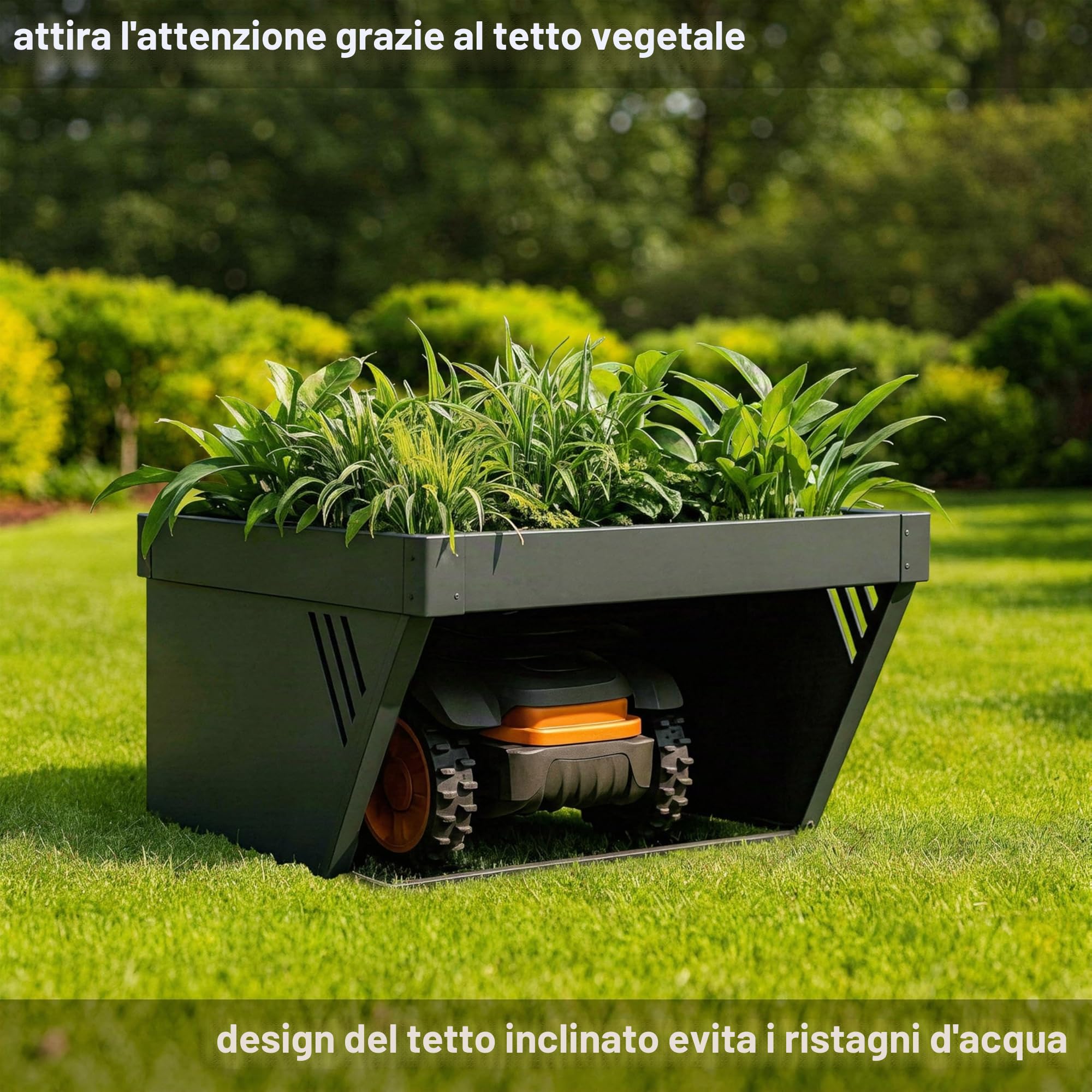 Novaterra - Garage per robot tosaerba in metallo - L 60 × P 70 × A 39,6 cm - Garage premium per robot tosaerba con tettoia inclinata e adatta per piante - compatibile con i principali modelli di robot