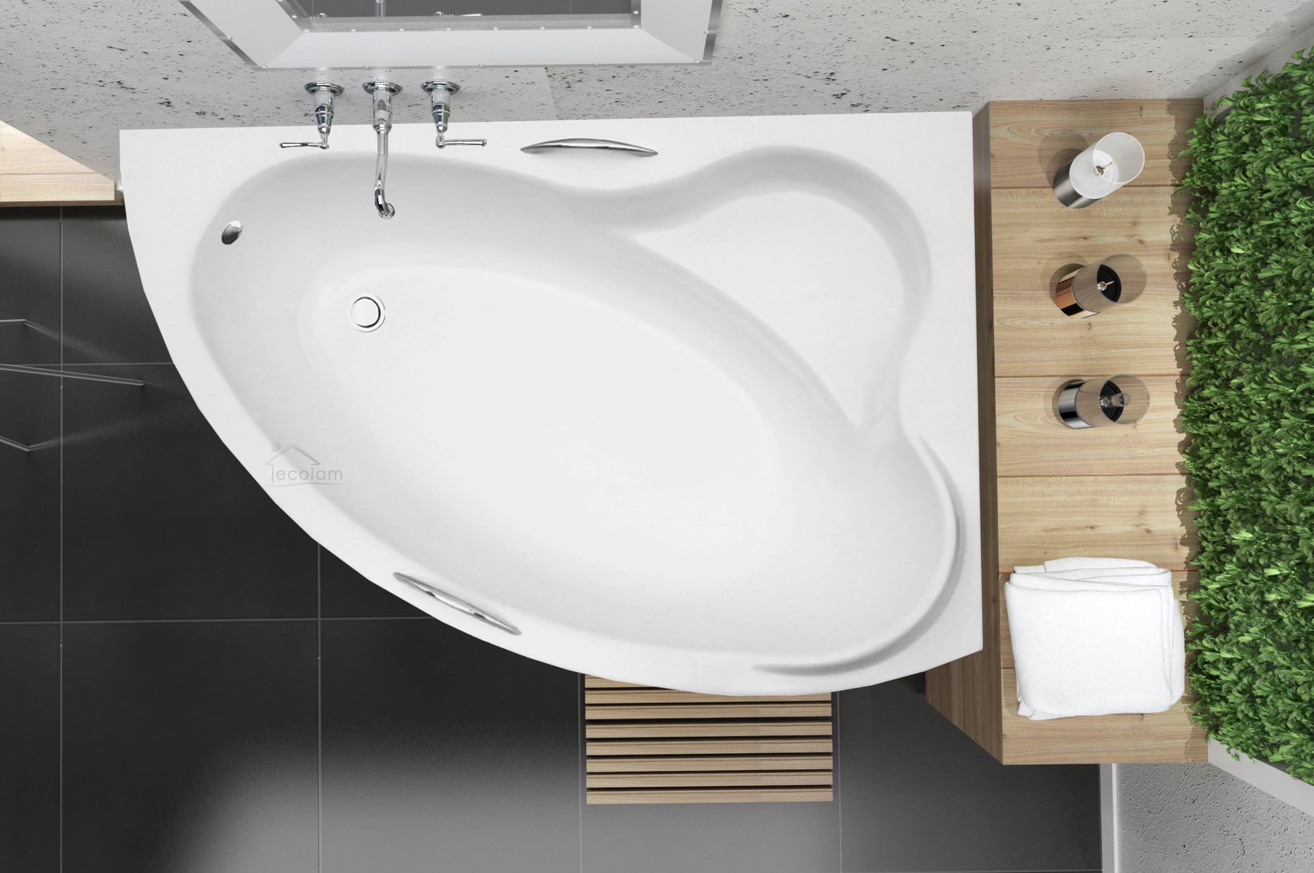 ECOLAM® Badewanne Eckbadewanne Acryl Ada weiß 160x100 cm RECHTS + 2 x Handgriff + Ablaufgarnitur Ab- und Überlauf Automatik Füße Silikon Komplett-Set