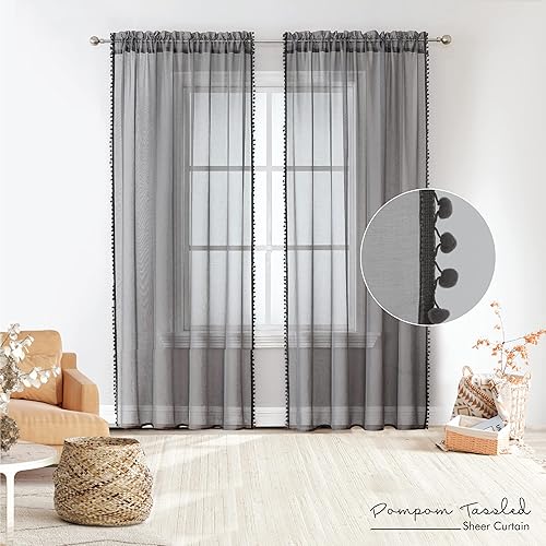 MISS SELECTEX Cenefa corta con pompones para ventana, juego de 2 paneles, cortinas semitransparentes para sala de estar, dormitorio, cortinas disponible en Yaxa Costa Rica