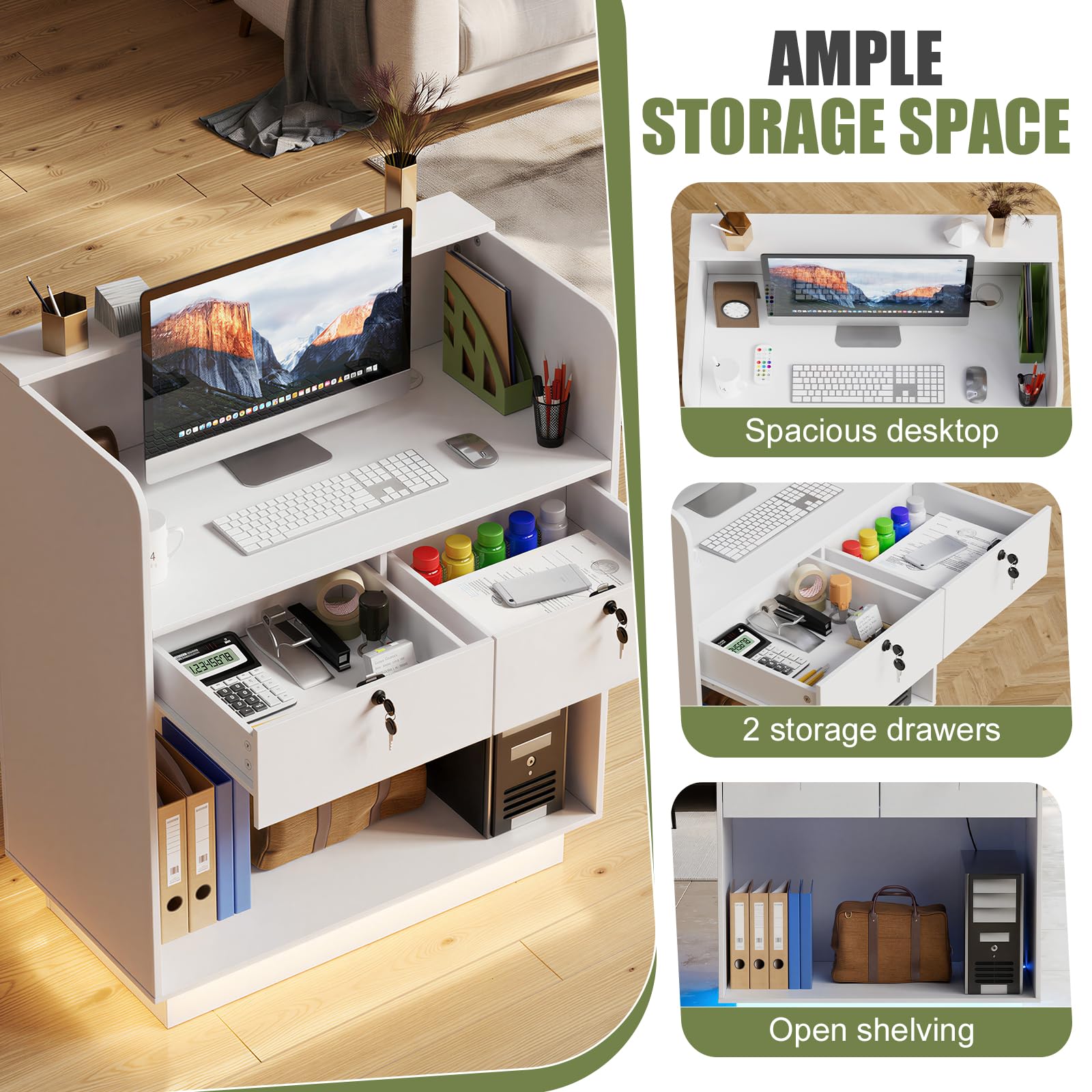MSFE Mueble Recepción con LED, Mostrador de Recepción Pequeña,Mesa de Oficina con Estantes Ajustables,Cajón con Cerradura,Mostrador de Tienda, Mostrador de Venta,103X80X45cm,para Oficina, cafetería