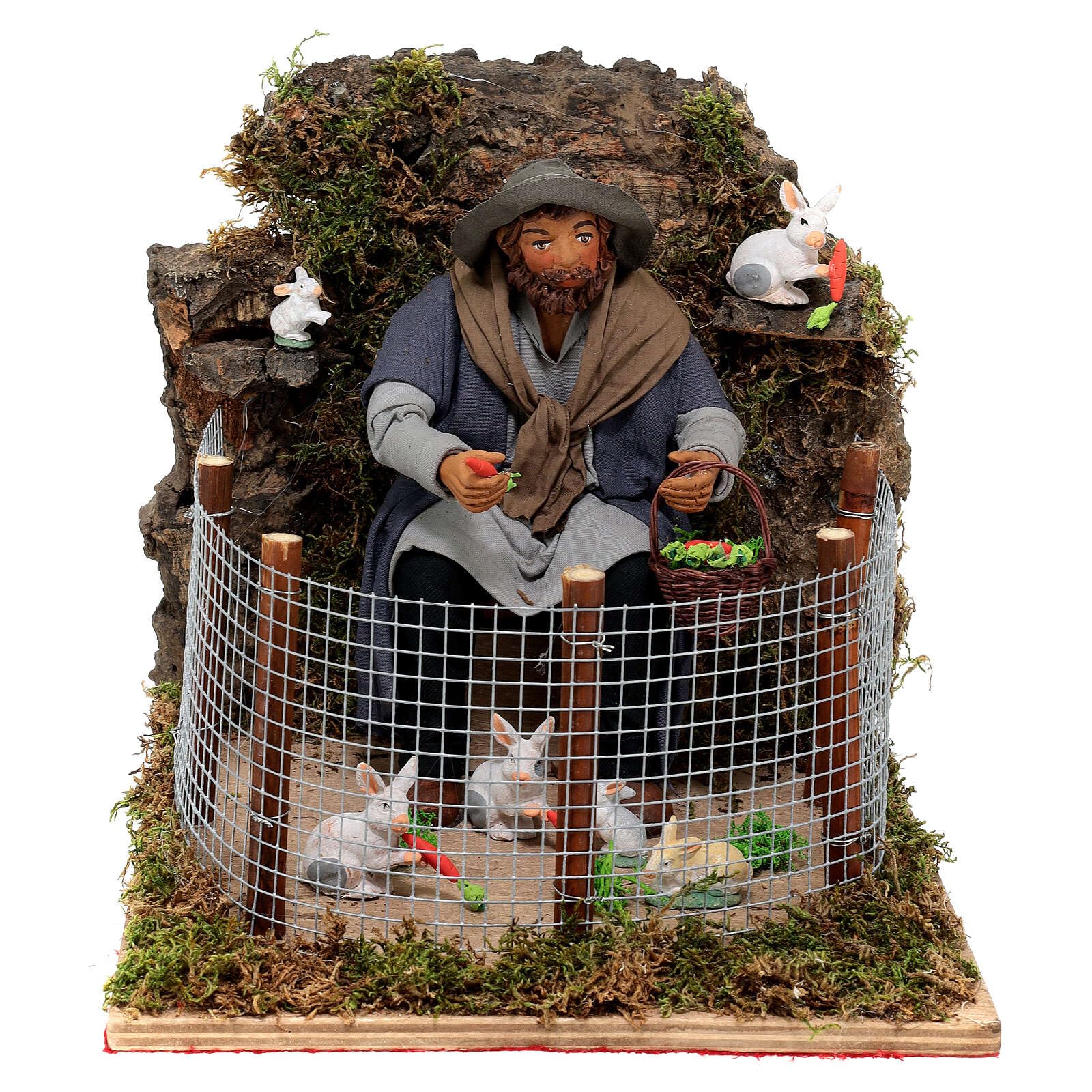 Holyart Man feeding rabbits, ANIMATED character of 24 cm for Neapolitan Nativity Scene