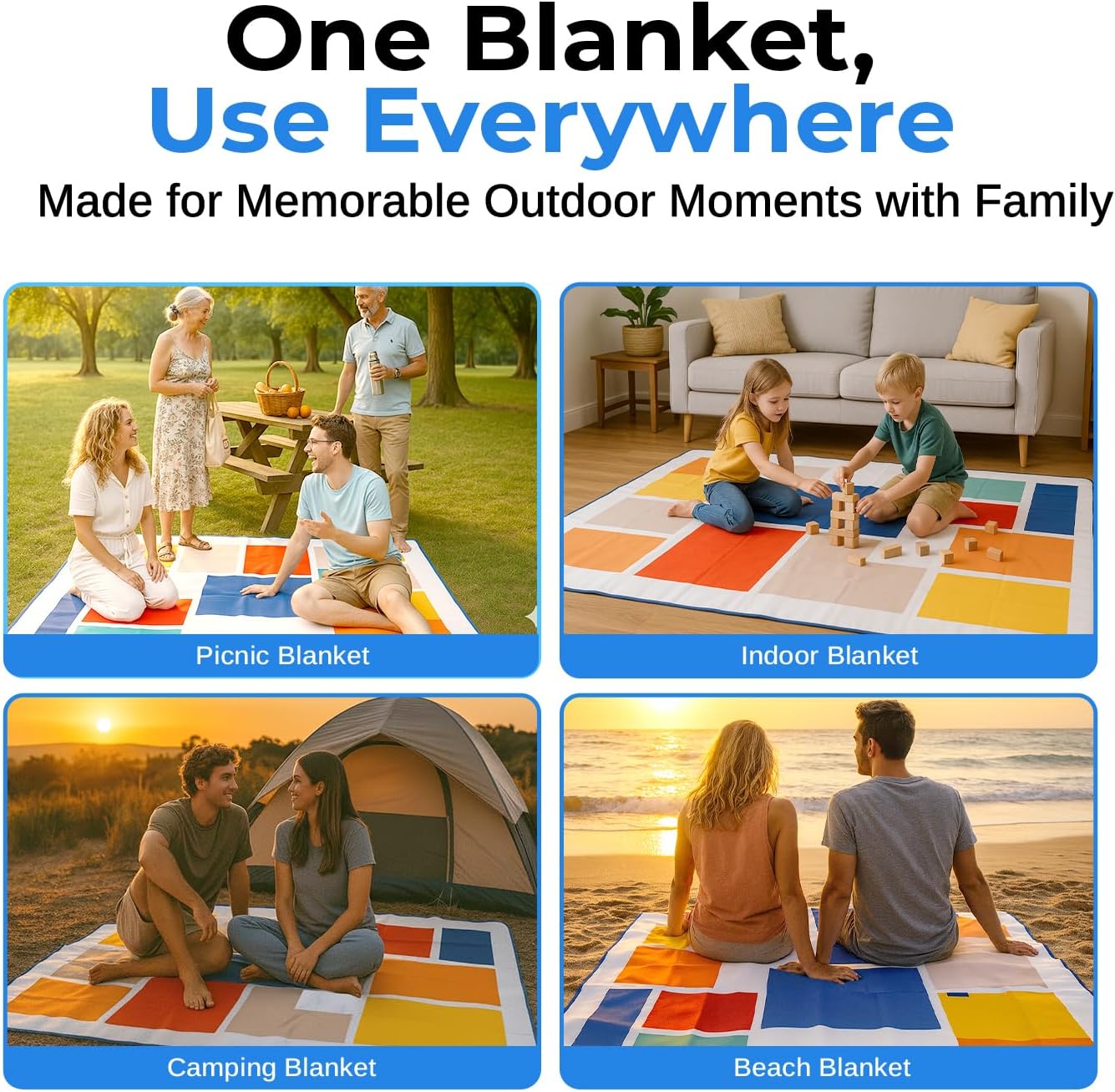 scuddles Extra Large Picnic Blanket – 80" x 80" Waterproof Outdoor Mat with Soft 3-Layer Comfort, Foldable Design & Carry Strap for Beach, Camping, Parks, Hiking & Family Picnics