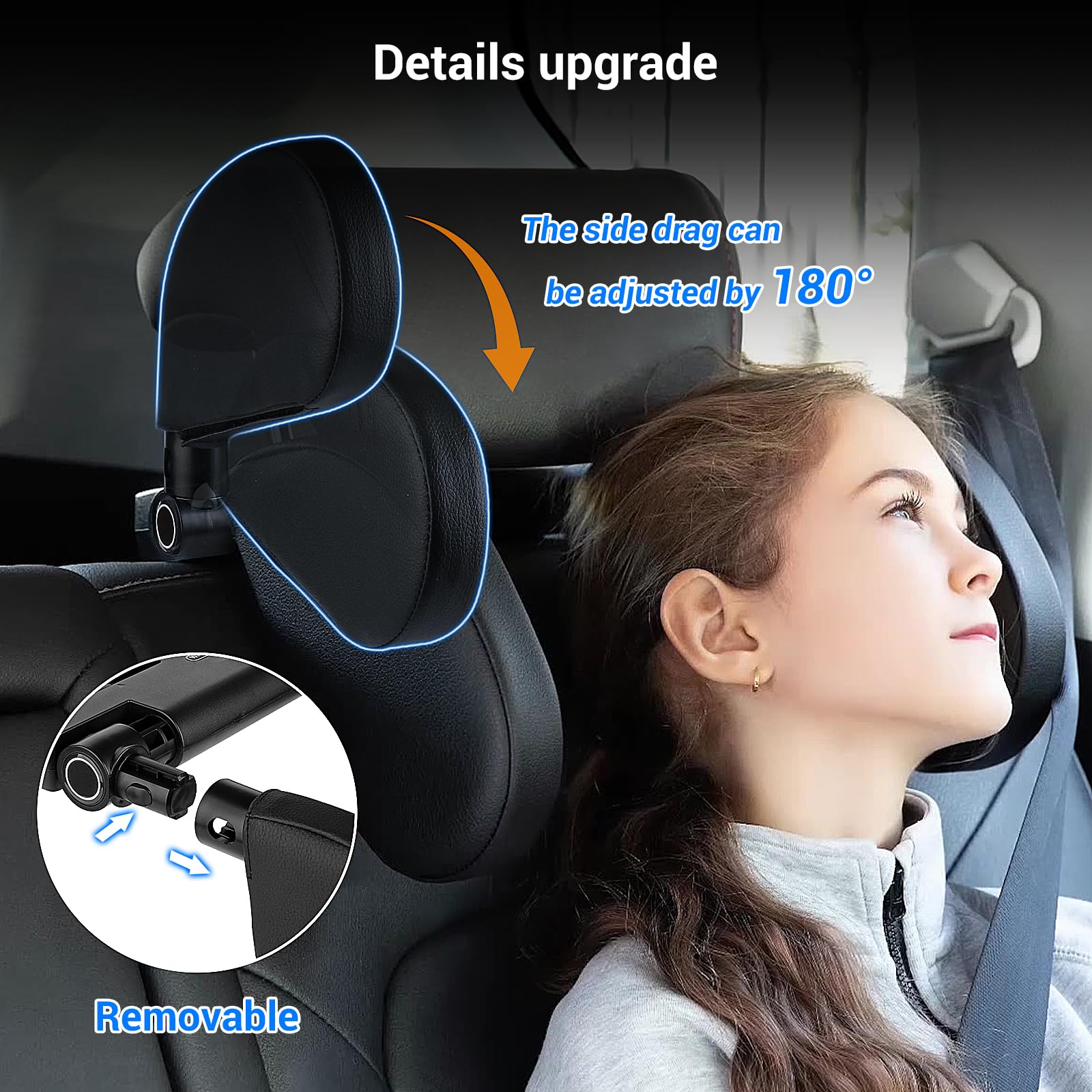 Kopfstütze Autositze, Kopfstütze Auto Kinder - Nackenkissen Höhe einstellbar, Auto Kopfstütze Seitliches Kopfstützkissen aus Leder mit Teleskopstange und Schiebebaren Clips