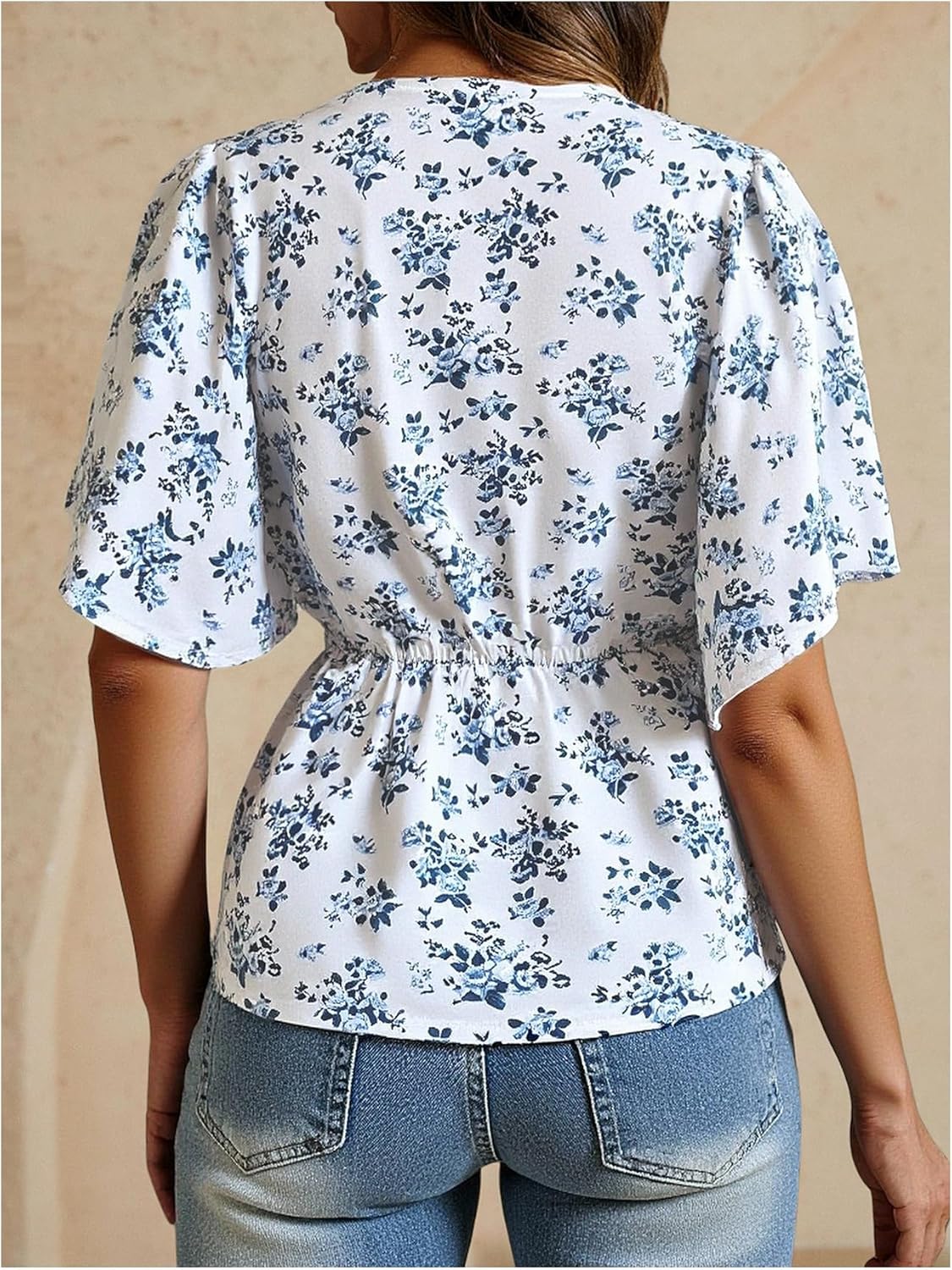 Women's Boho Floral Peplum Tops Elegant V Neck Ruffle Sleeve Dressy Casual Blouses - Image 2