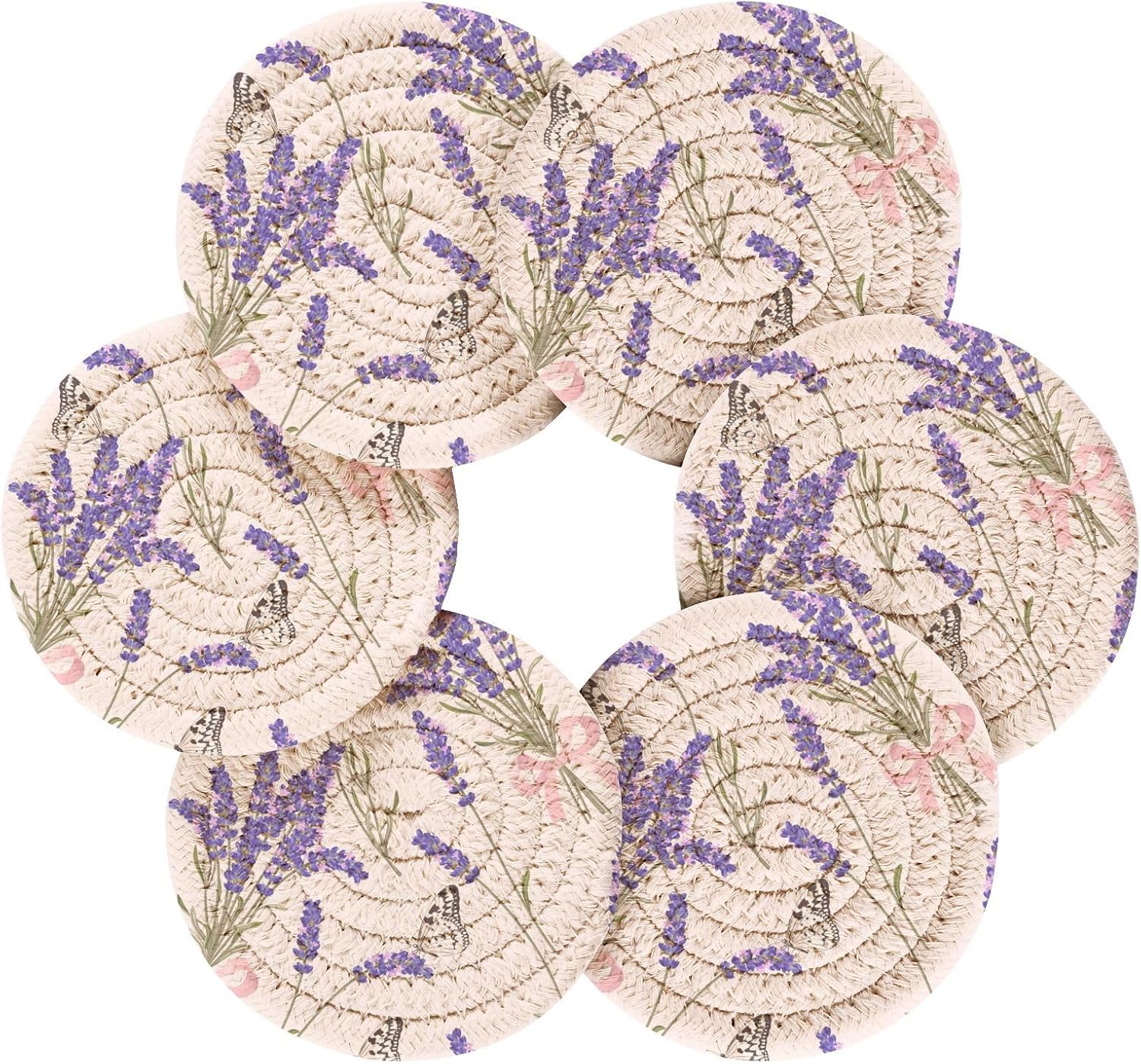 美しいパープルラベンダー ドリンクコースターセット - ミニマリスト 織物コースター 6枚 ホルダー付き ホームデコレーション 3.