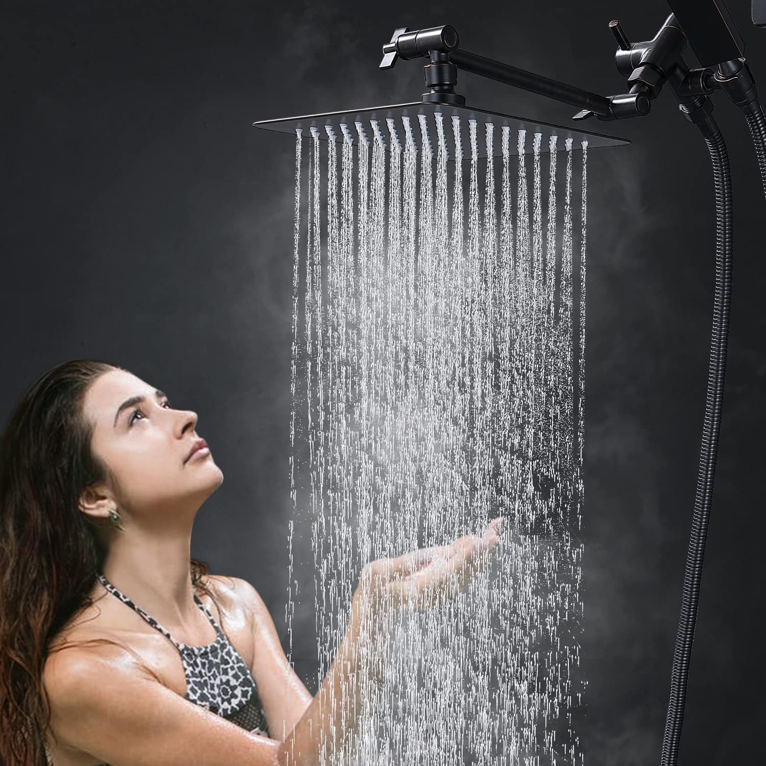 G-Promise All Metal Dual Square Shower Head Combo | 8" Rain Shower Head | Handheld Shower Wand with 71" Extra Long Flexible Hose | Smooth 3-Way Diverter | Adjustable Extension Arm - A Bathroom Upgrade