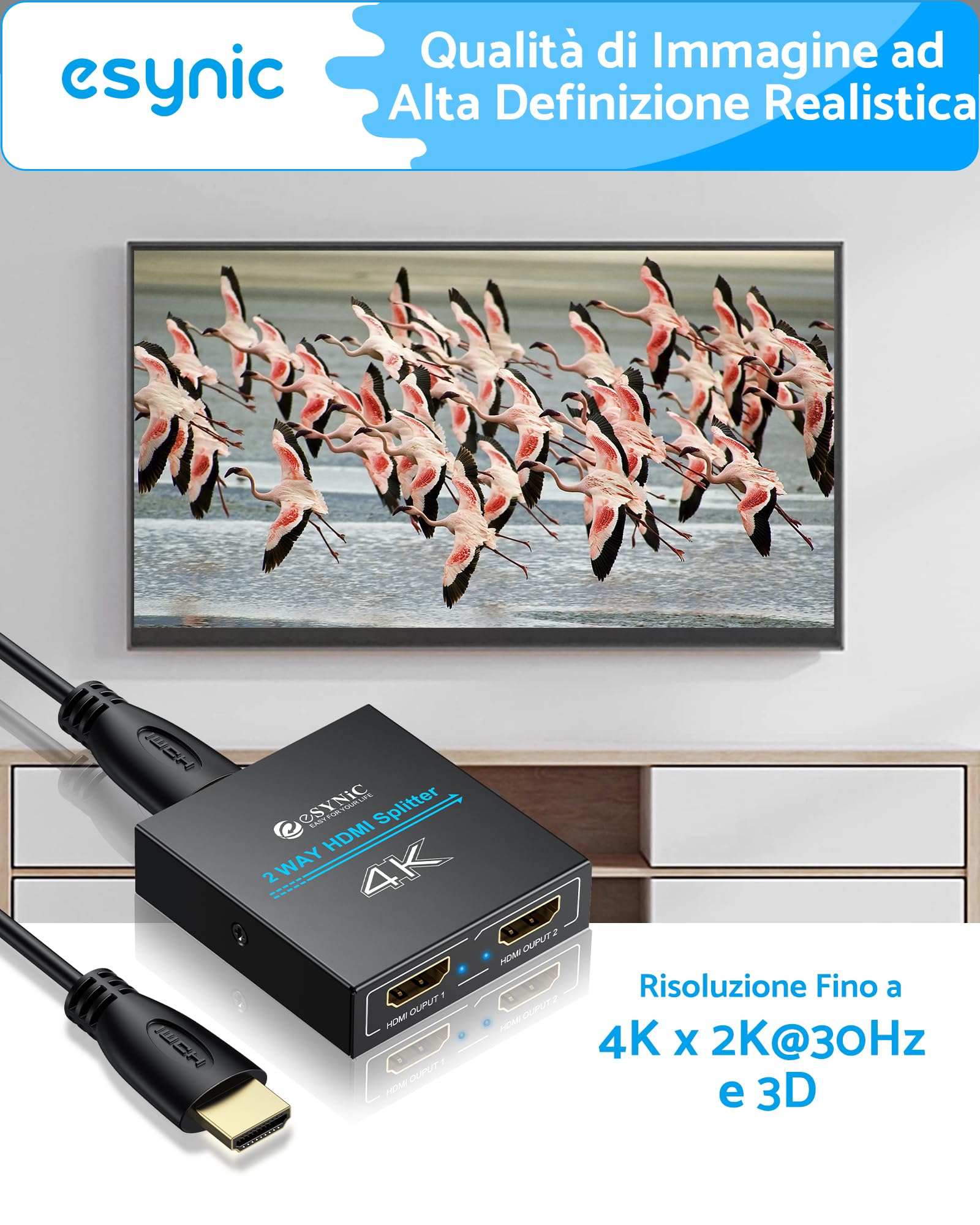 ESYNiC HDMI Splitter 1 in 2 Out 4K/30Hz con Cavo HDMI 1m e USB-C, UHD 4Kx2K Amplificatore Distributore, Supporta 3D 1080P 2160P HDCP 1.4