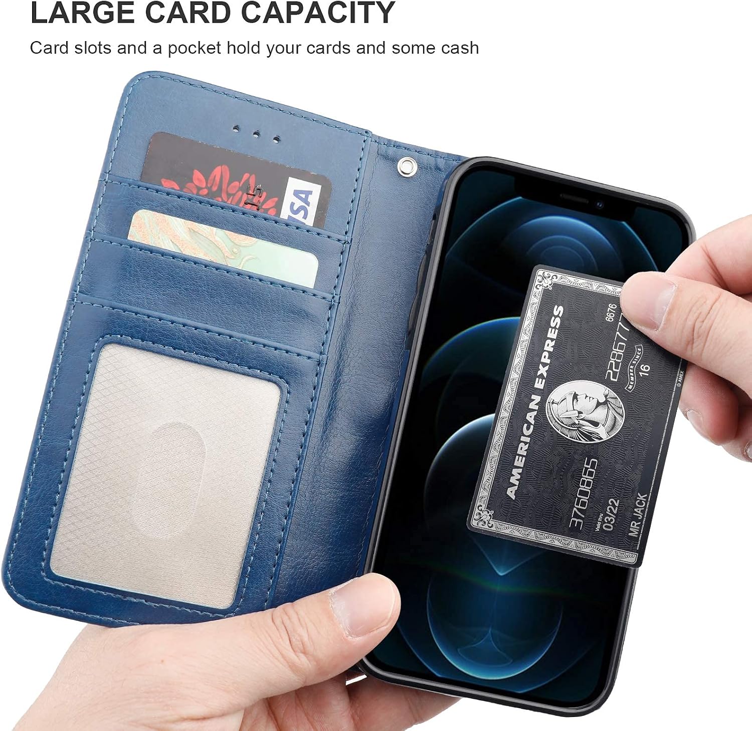 Bocasal Compatible with iPhone 12 Pro Max Wallet Case with Card Holder PU Leather Magnetic Detachable Kickstand Shockproof Wrist Strap Removable Flip Cover 6.7 inch (Blue)