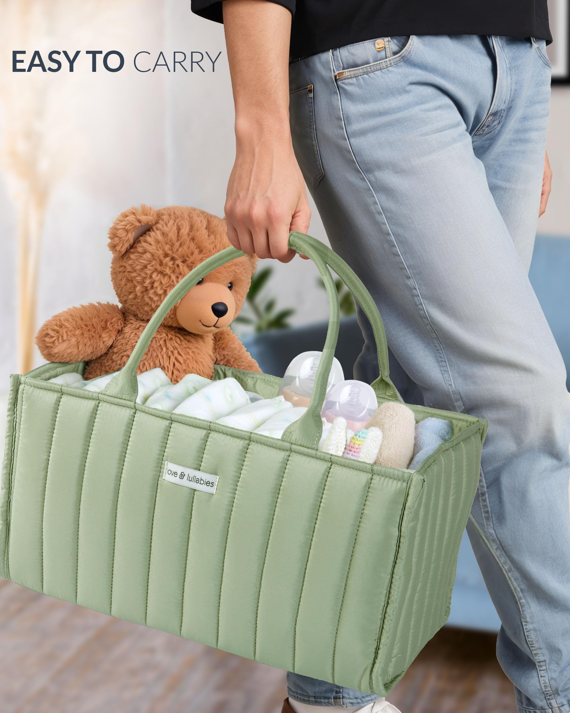 love & lullabies Organizer per pannolini, elegante cestino trapuntato per il cambio del bambino, essenziale per neonati, cestino per baby shower, organizer per future mamme (verde salvia)