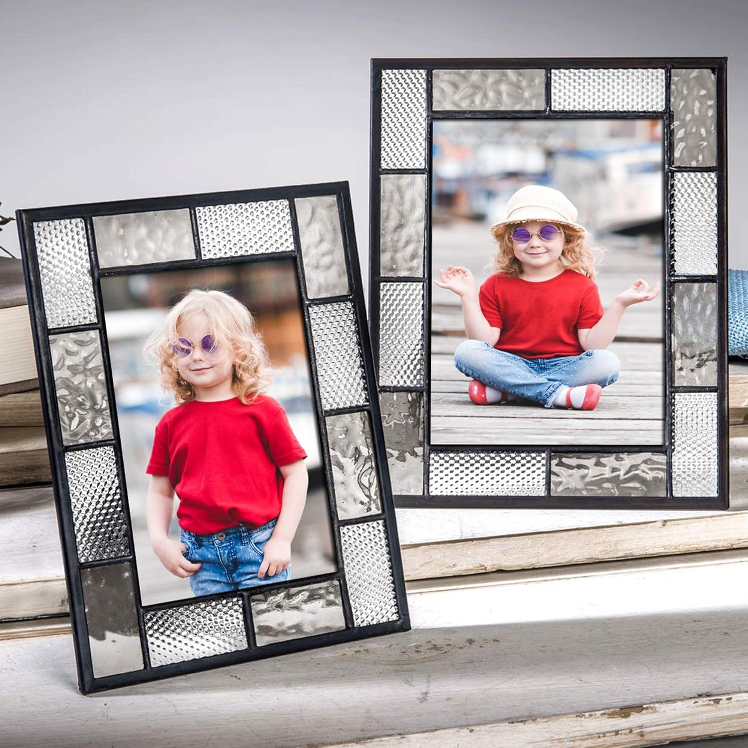 Grey & Clear Stained Glass Picture Frame 5x7 – Tabletop Display, Horizontal/Vertical